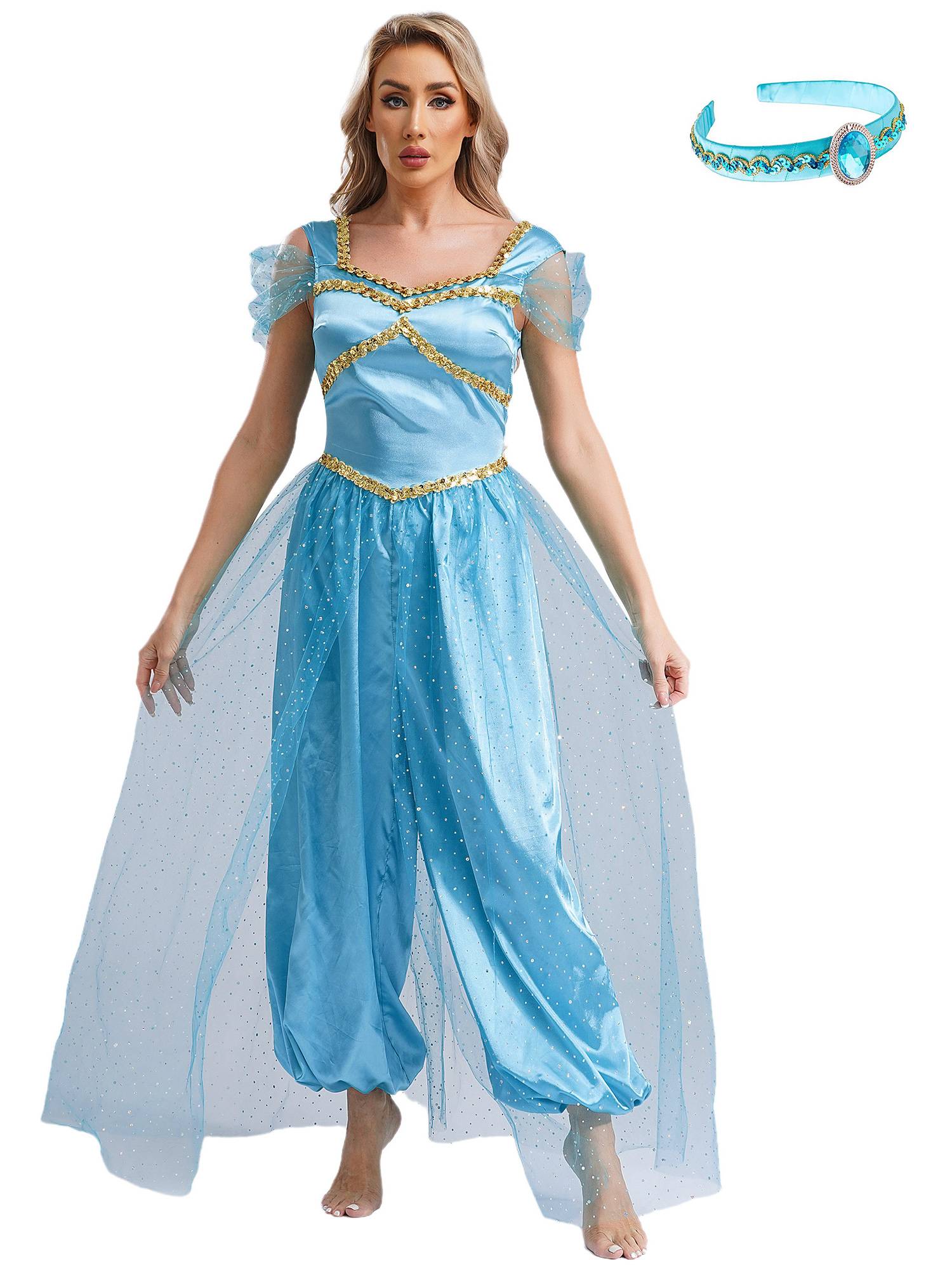 Women Belly Dance Sequin Tulle Jumpsuit with Headband Aladdin Costume