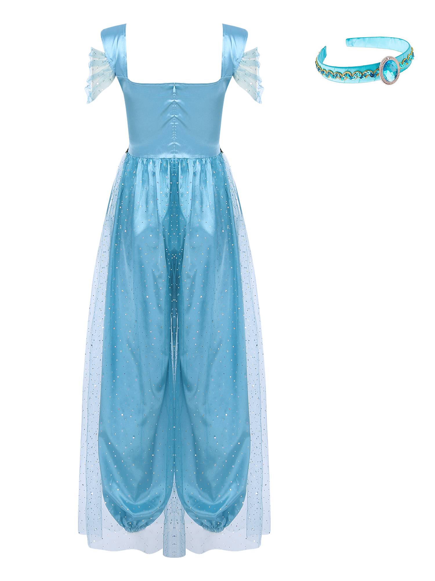 Women Belly Dance Sequin Tulle Jumpsuit with Headband Aladdin Costume