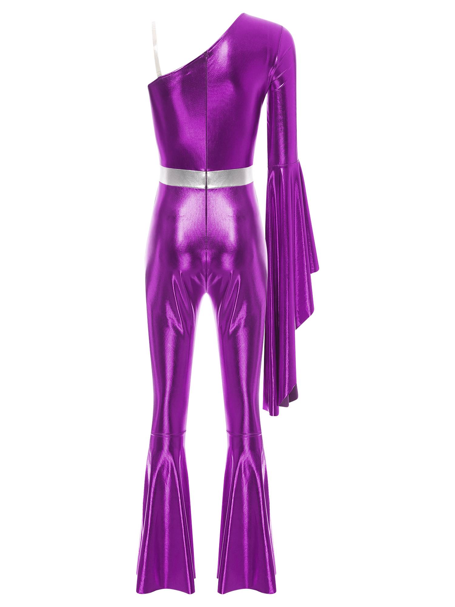 Women One Shoulder Long Sleeve Flared Bell Metallic 70s Disco Dance Jumpsuit