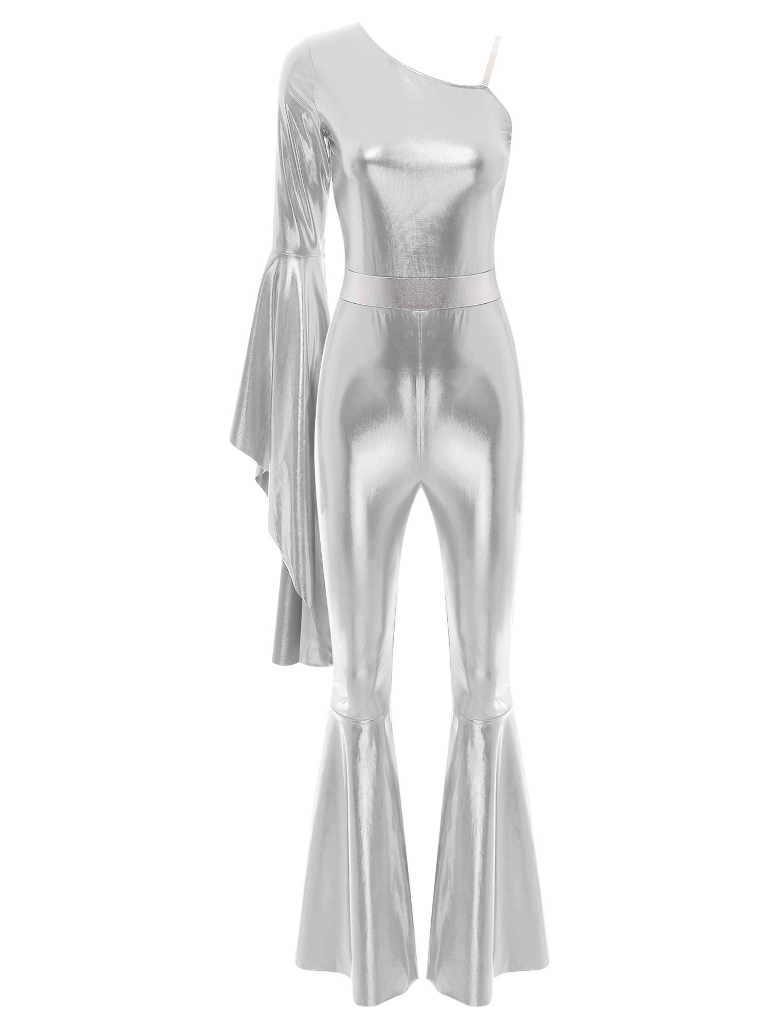 Women One Shoulder Long Sleeve Flared Bell Metallic 70s Disco Dance Jumpsuit