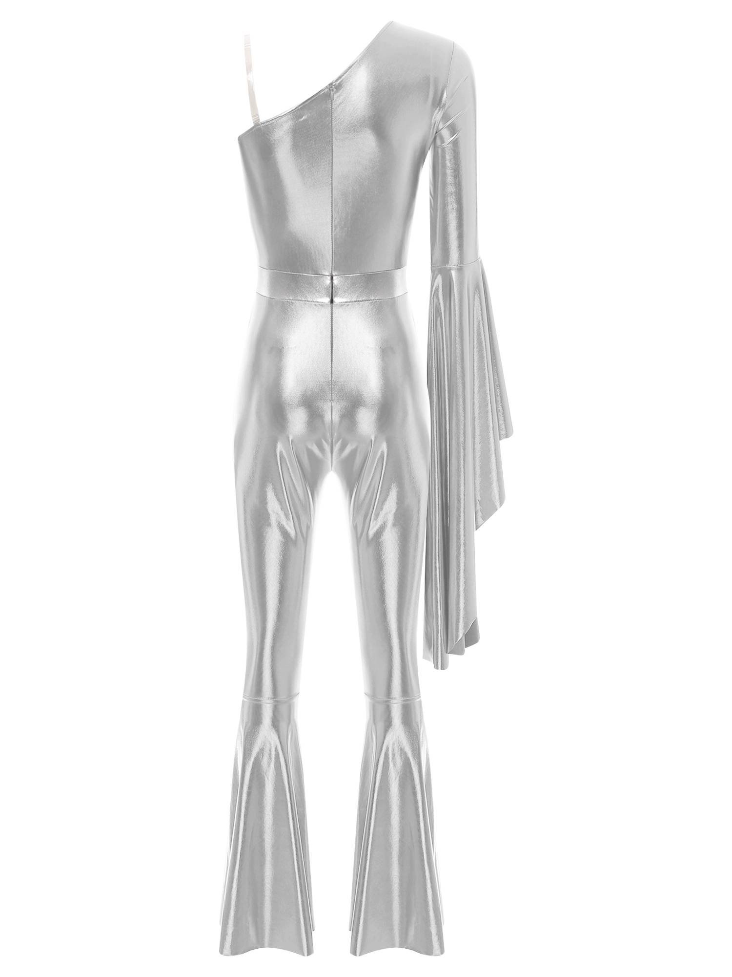 Women One Shoulder Long Sleeve Flared Bell Metallic 70s Disco Dance Jumpsuit