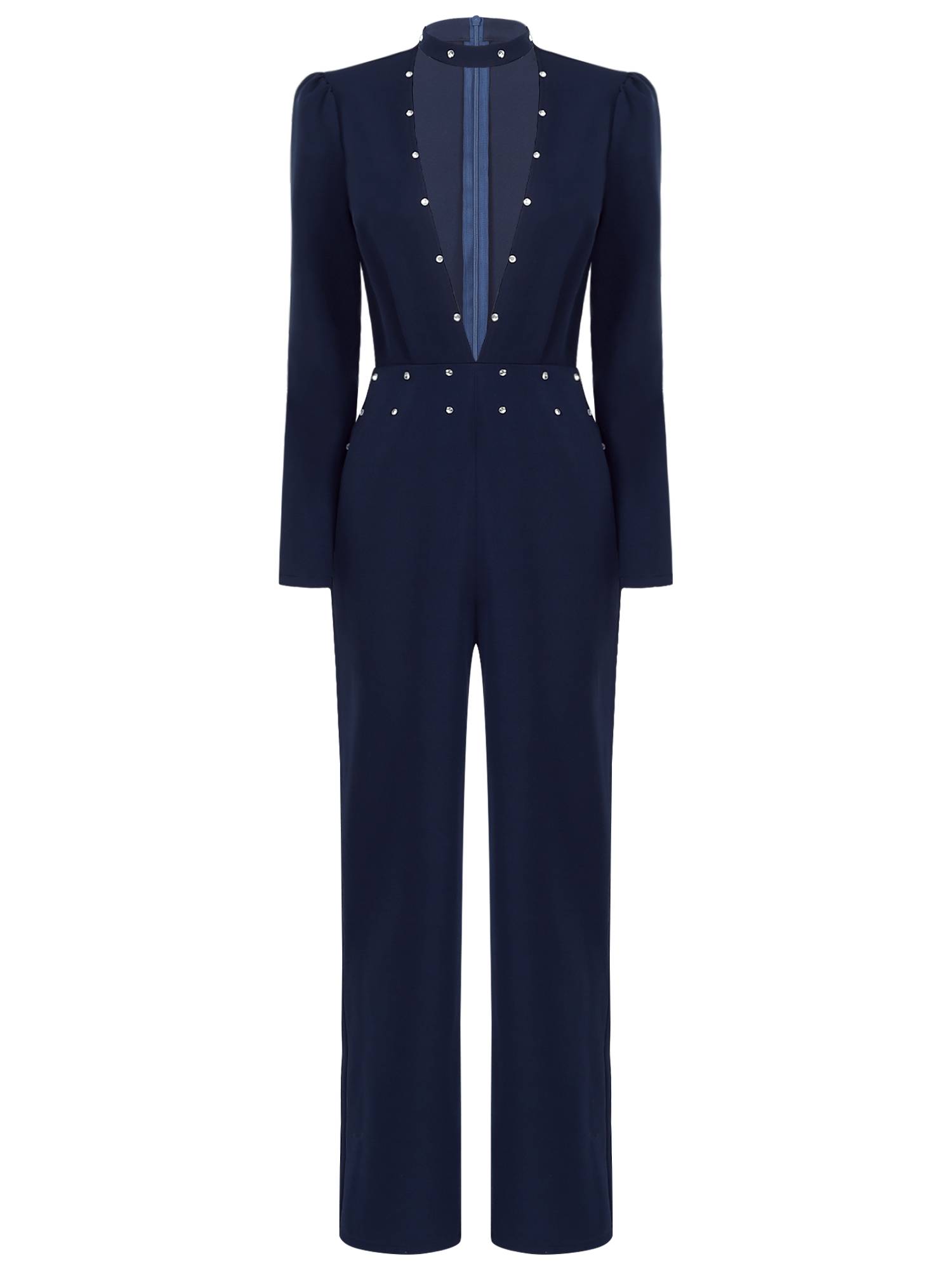 Women Long Sleeve V Neck Rhinestones Side Pockets Jumpsuit for Cocktail Party