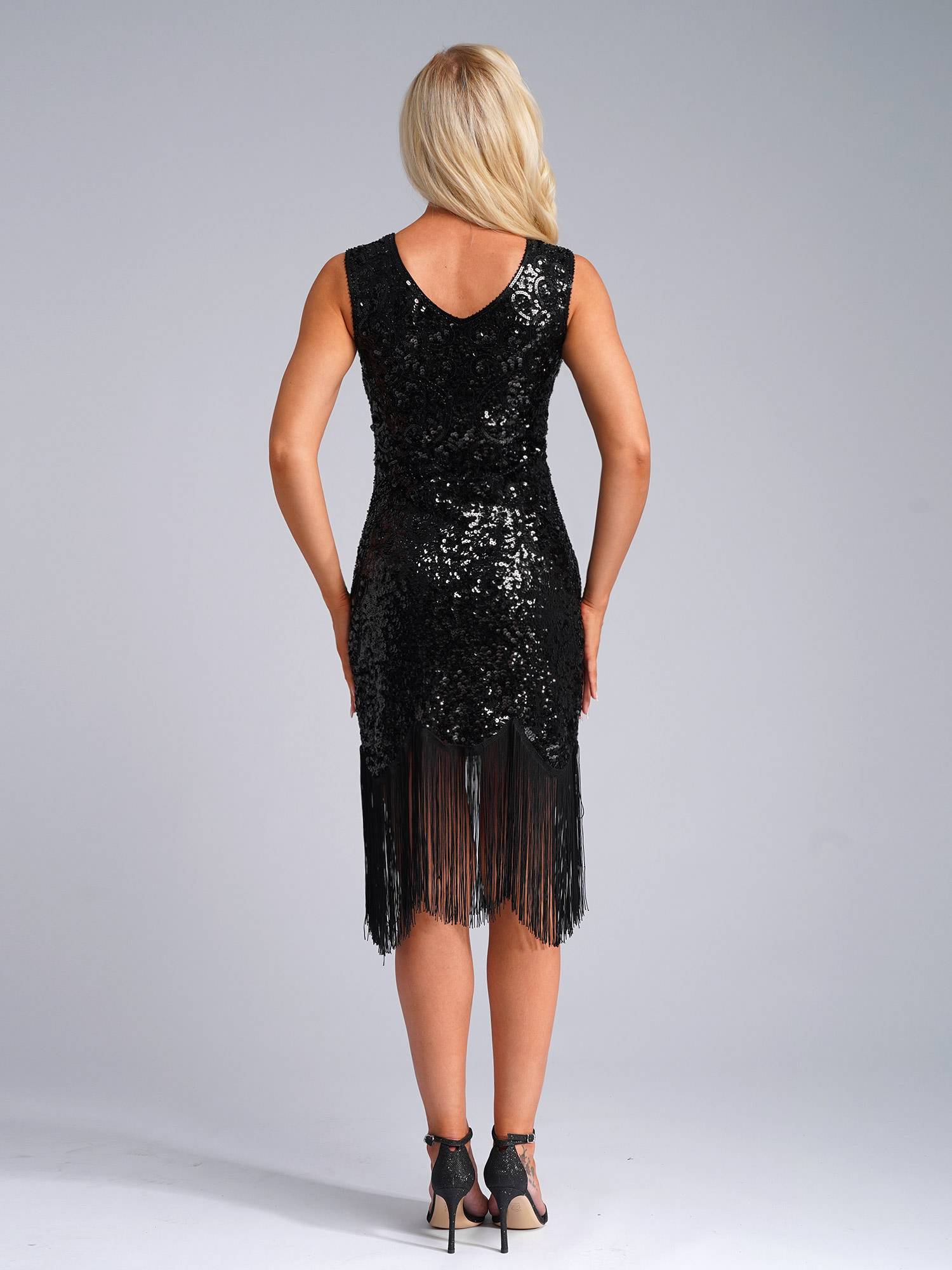 Women Sequin Flowery Sleeveless Tassels Bodycon Dress for Cocktail