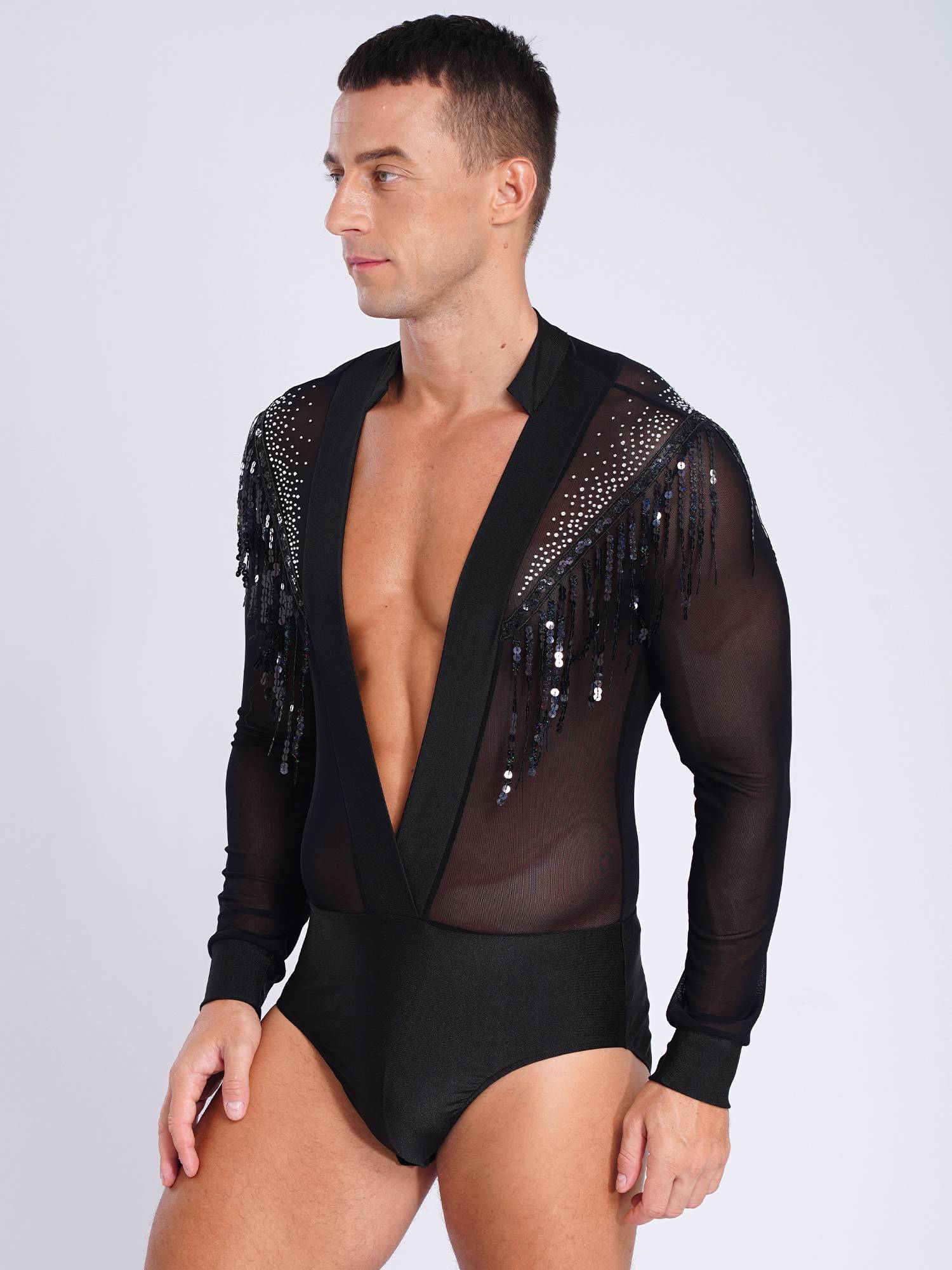Men Long Sleeve Deep V-neck Mesh Sequined Tassels Latin Dance Leotard