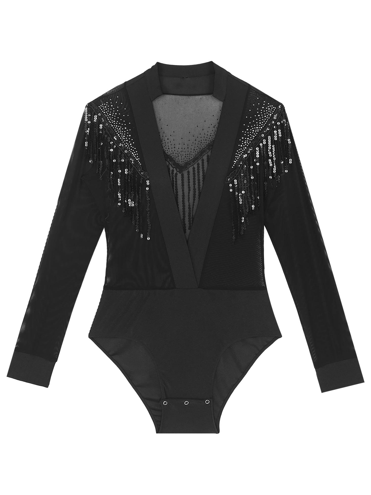 Men Long Sleeve Deep V-neck Mesh Sequined Tassels Latin Dance Leotard