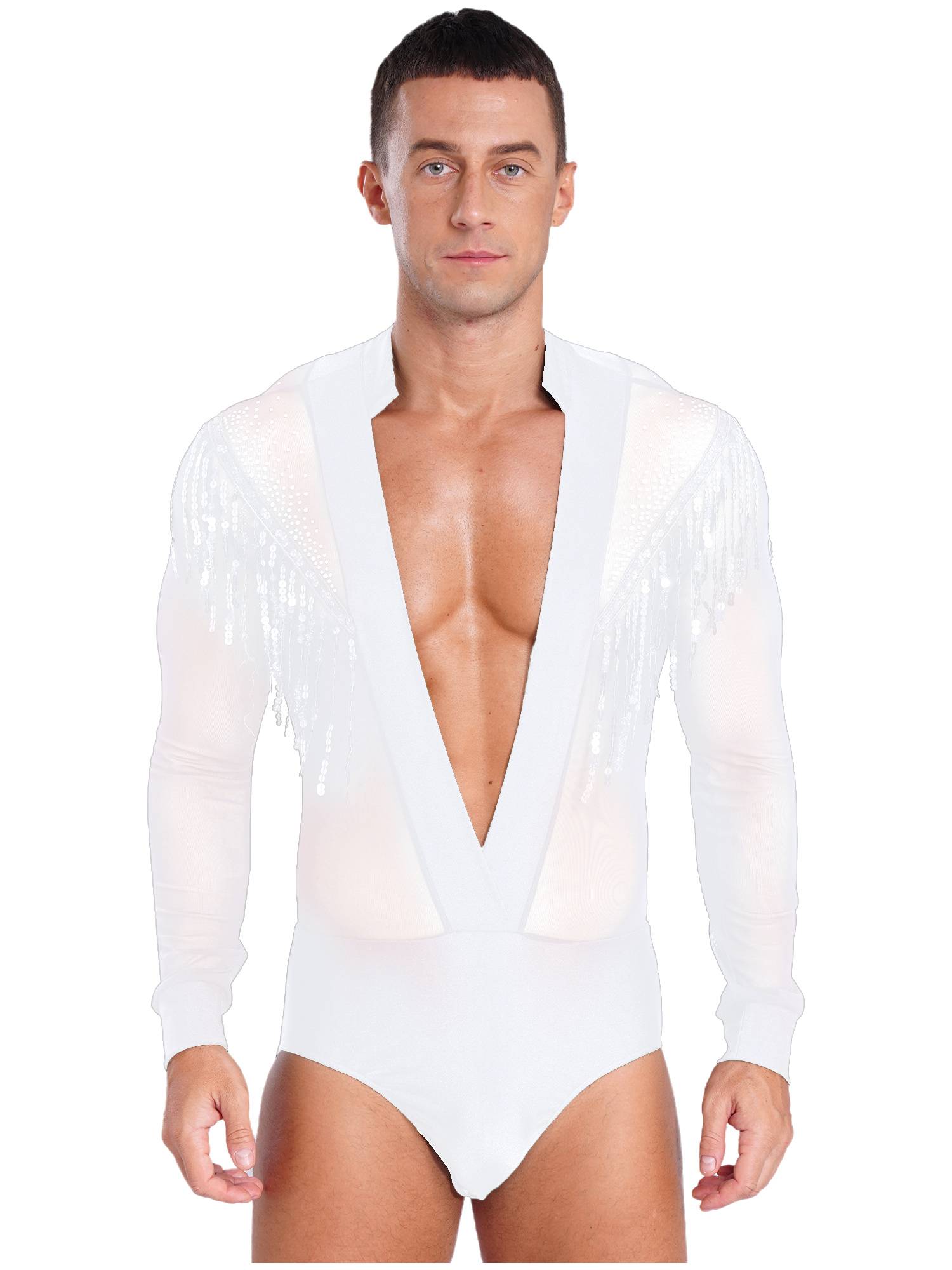 Men Long Sleeve Deep V-neck Mesh Sequined Tassels Latin Dance Leotard