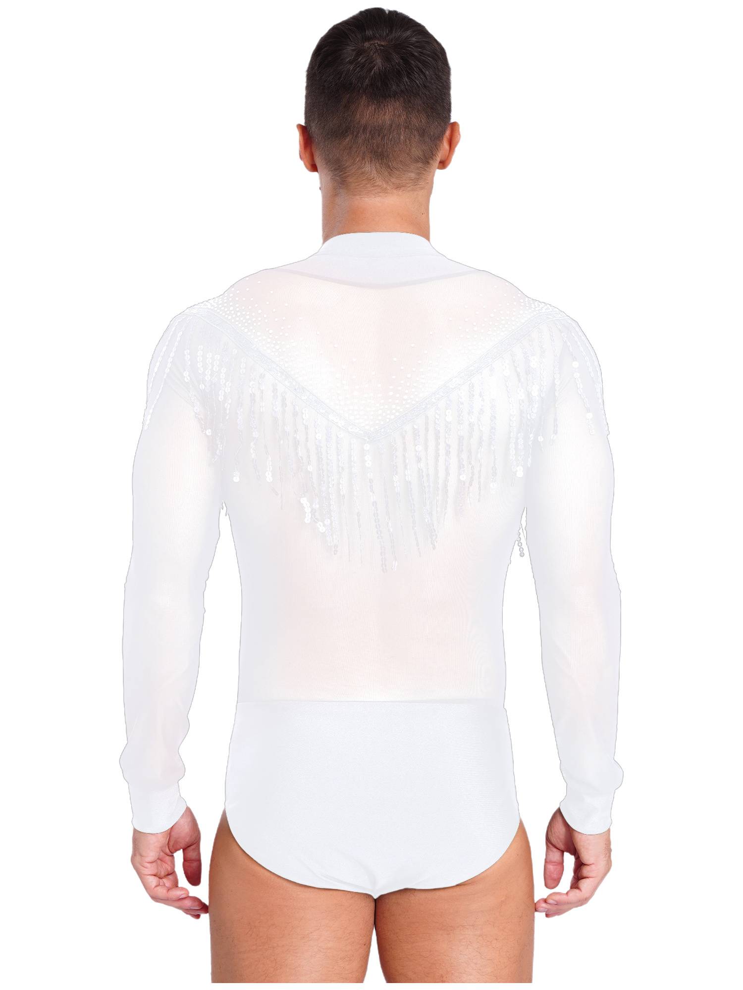 Men Long Sleeve Deep V-neck Mesh Sequined Tassels Latin Dance Leotard