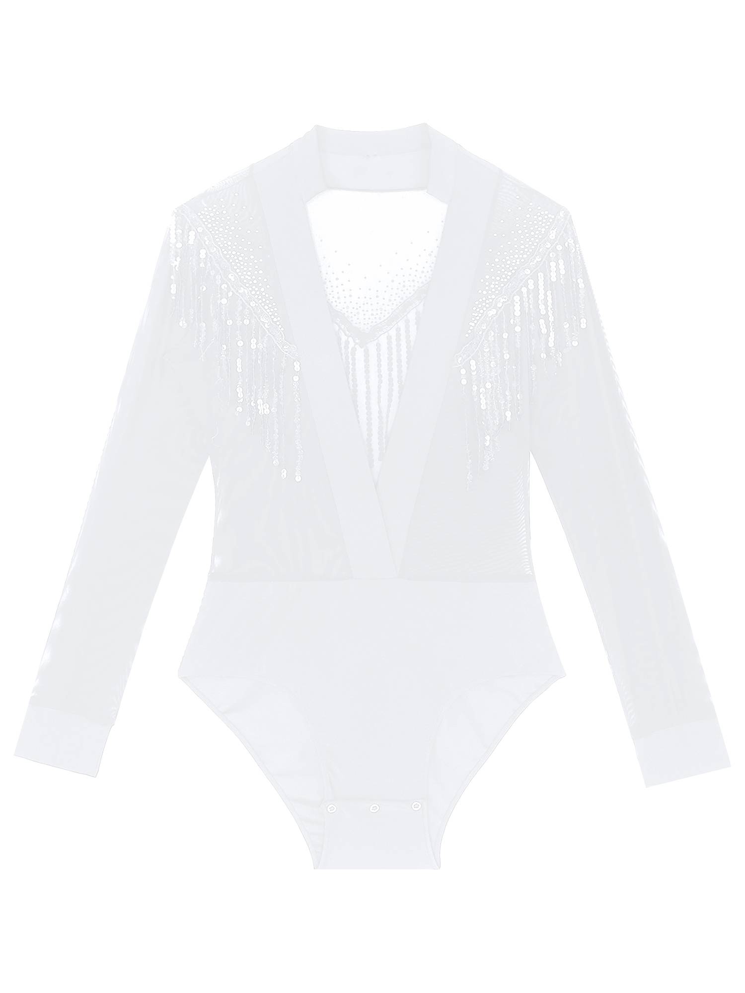 Men Long Sleeve Deep V-neck Mesh Sequined Tassels Latin Dance Leotard