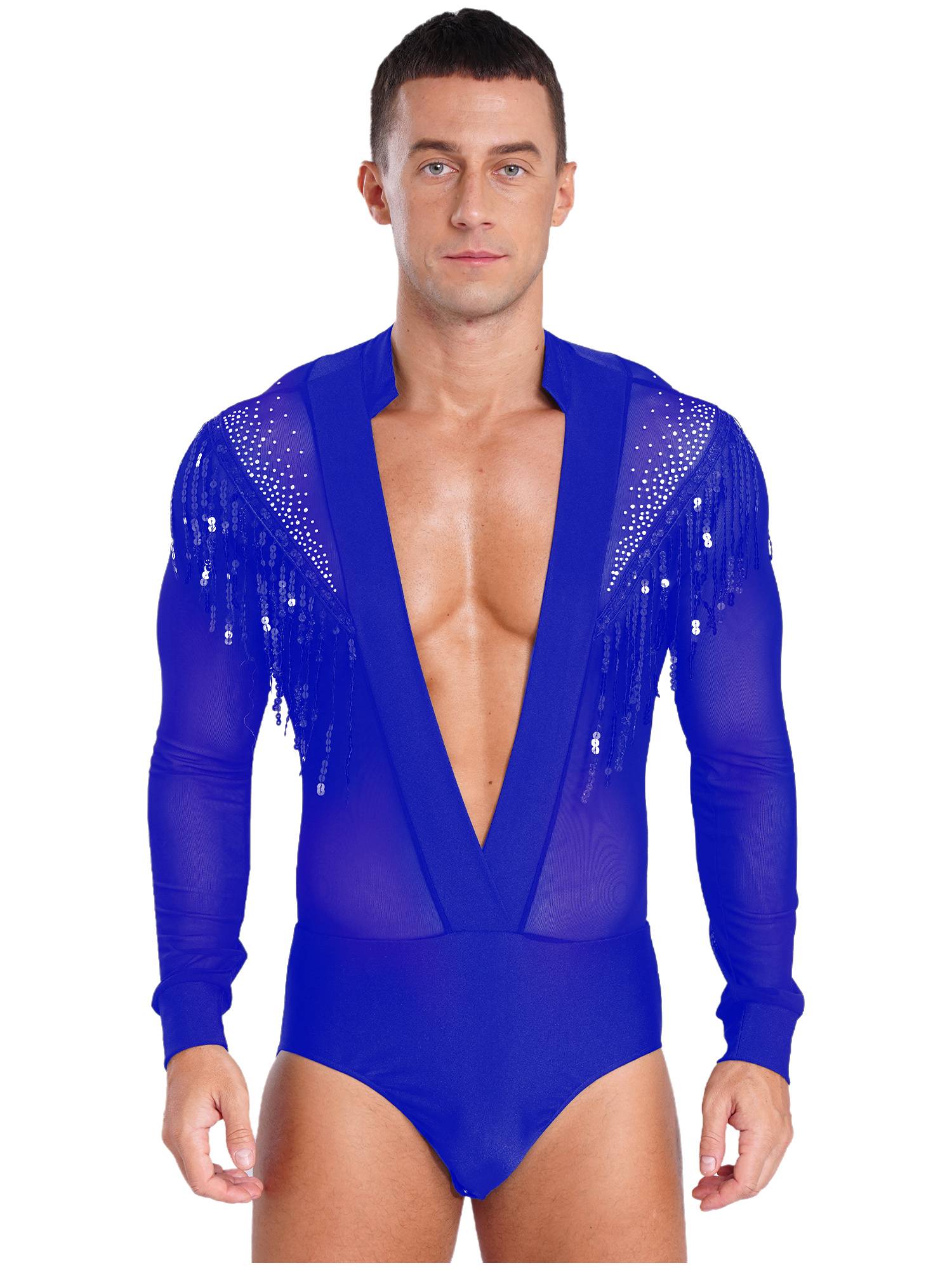 Men Long Sleeve Deep V-neck Mesh Sequined Tassels Latin Dance Leotard