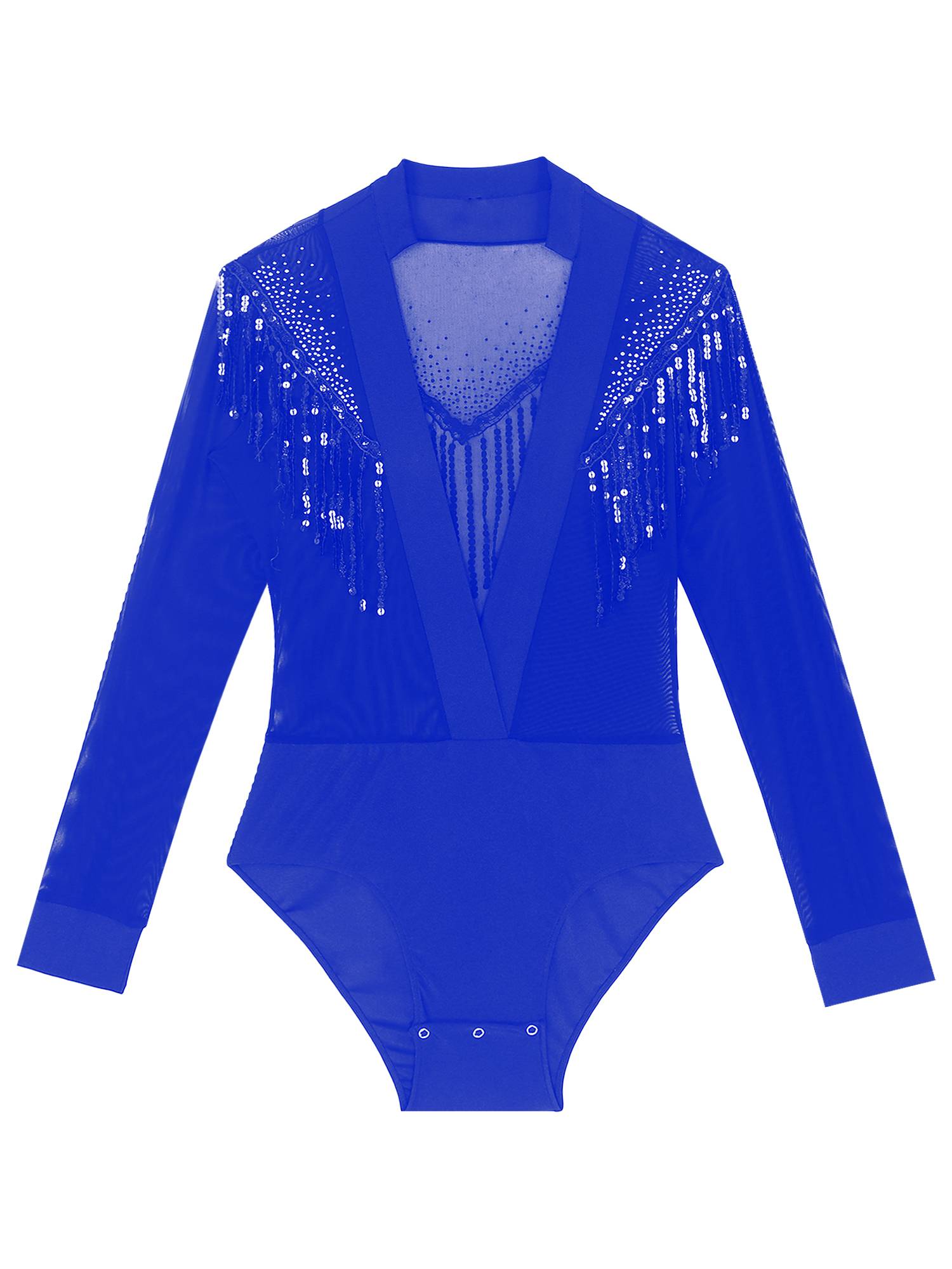 Men Long Sleeve Deep V-neck Mesh Sequined Tassels Latin Dance Leotard