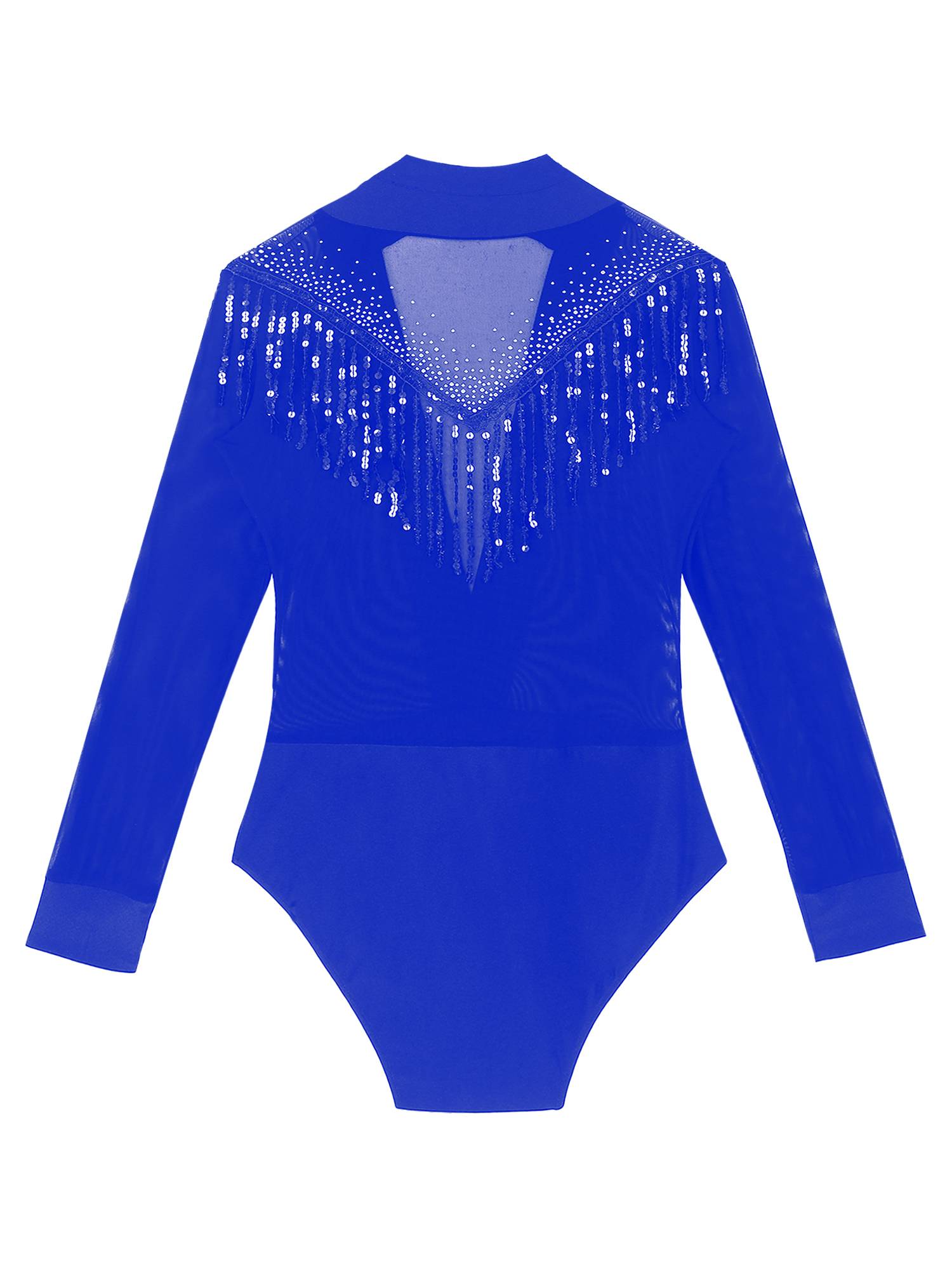 Men Long Sleeve Deep V-neck Mesh Sequined Tassels Latin Dance Leotard