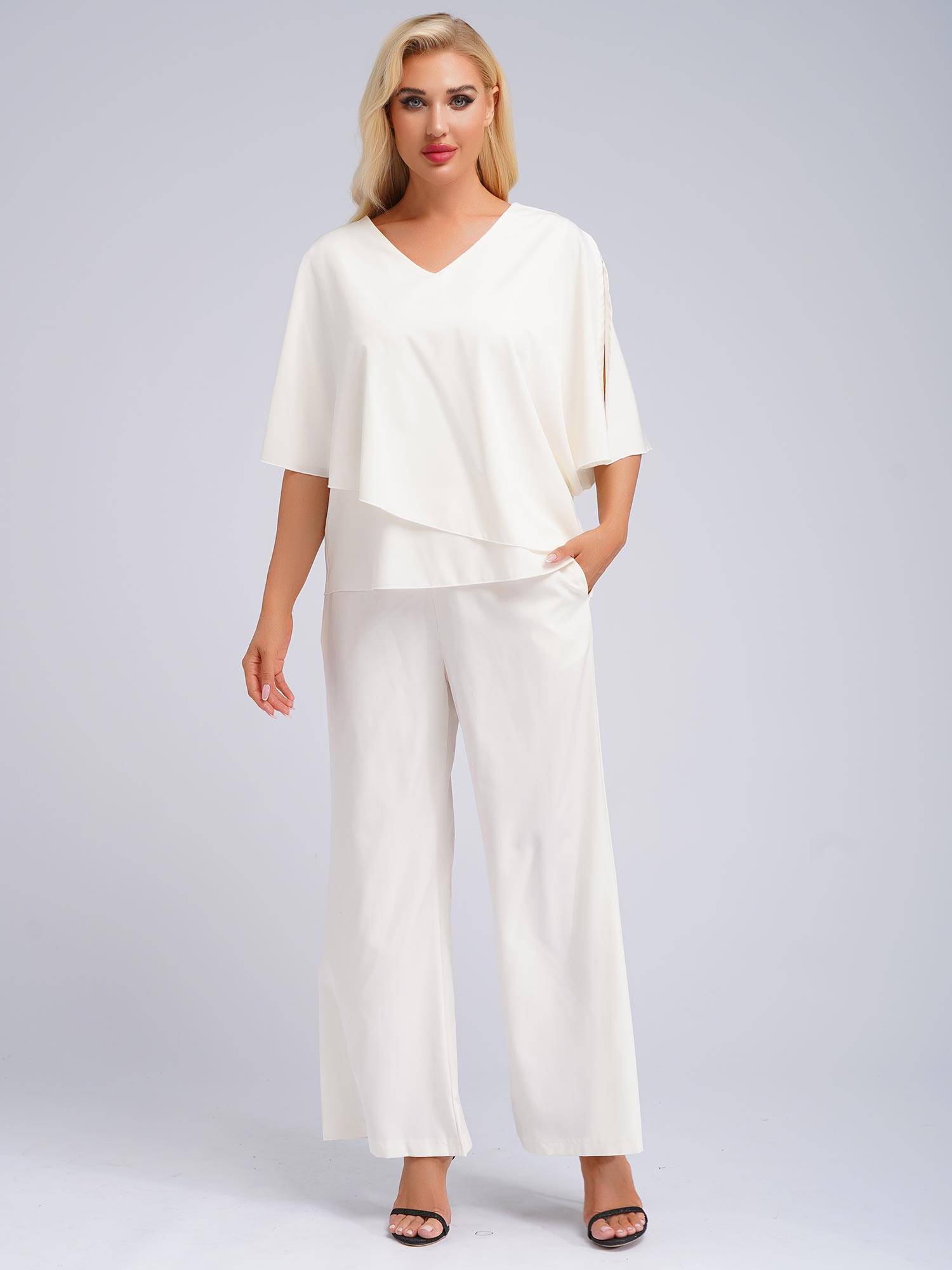 Women 2pcs Half Sleeve V-neck Tops and Pants Set for Party