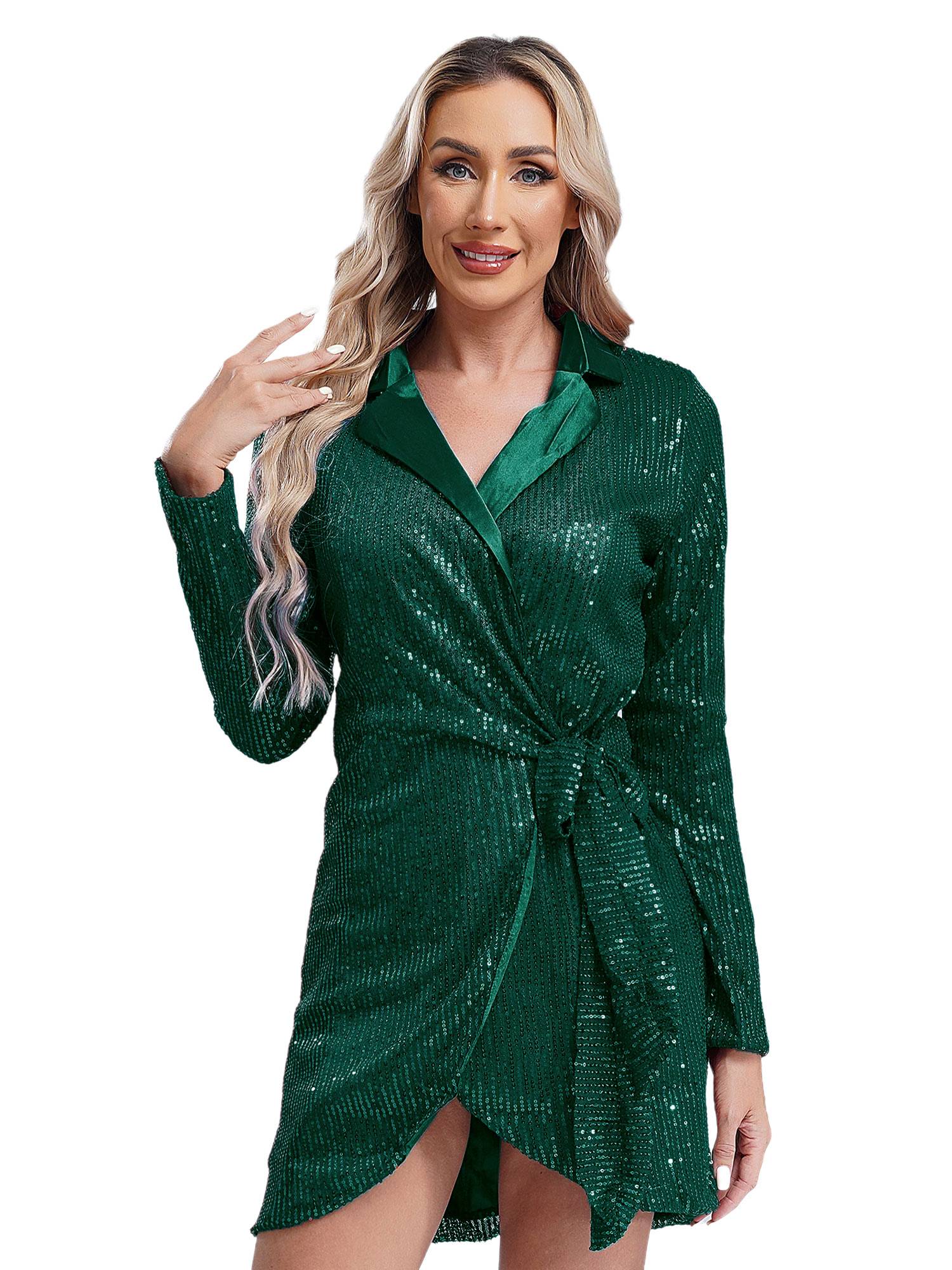 Women Long Sleeve V-neck Sequin Cocktail Dress