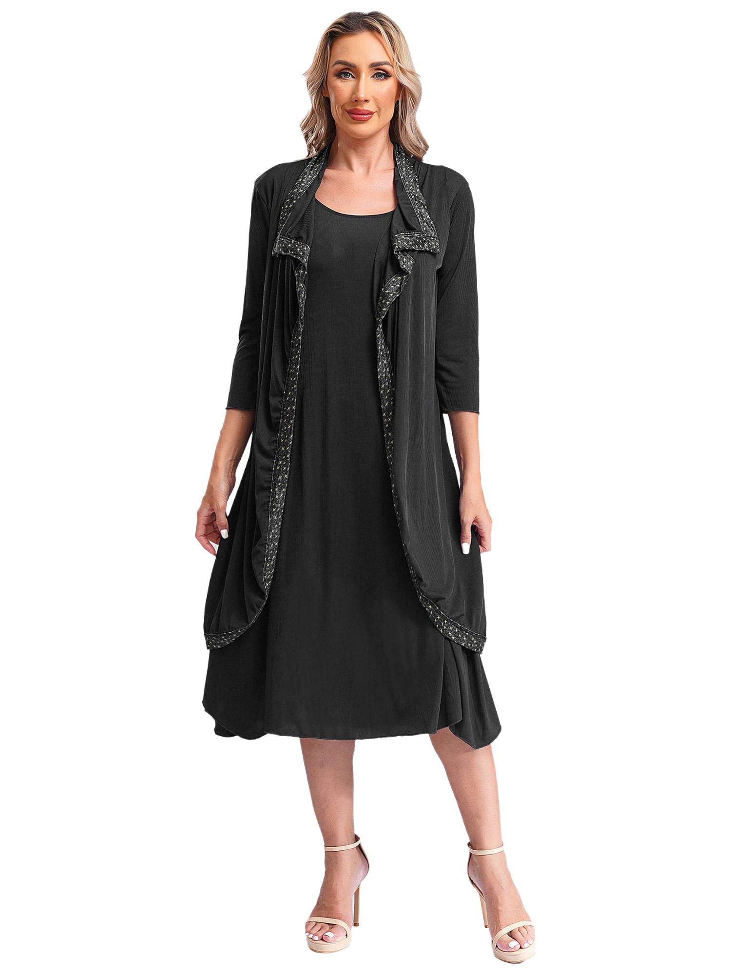 Women 2-in-1 Retro Long Sleeve Ruffled Neckline Loose Dress for Wedding Guest