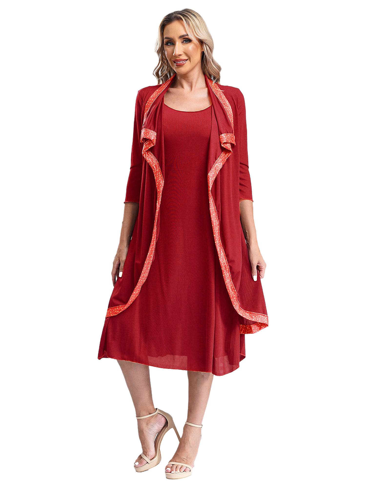 Women 2-in-1 Retro Long Sleeve Ruffled Neckline Loose Dress for Wedding Guest