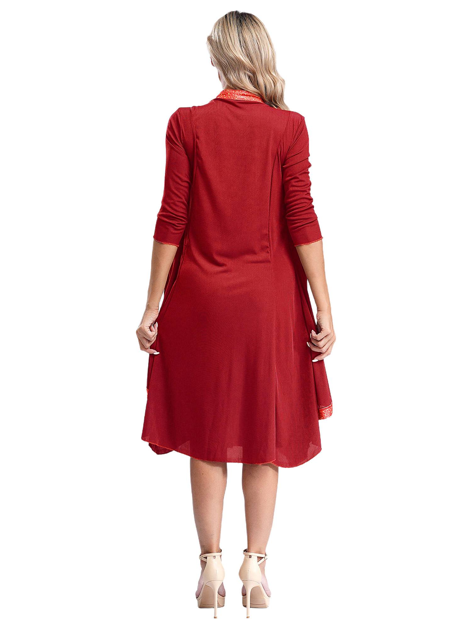 Women 2-in-1 Retro Long Sleeve Ruffled Neckline Loose Dress for Wedding Guest