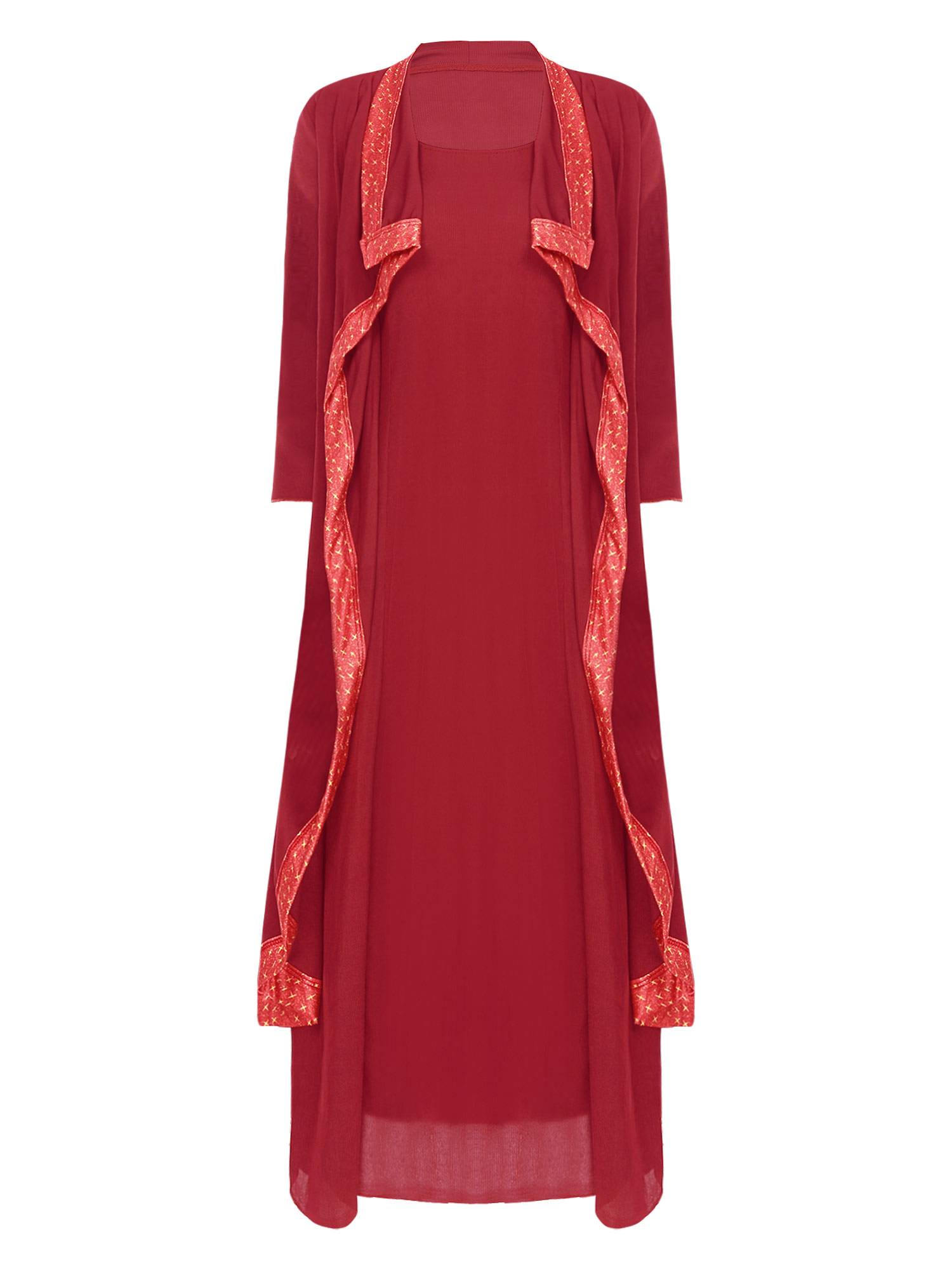 Women 2-in-1 Retro Long Sleeve Ruffled Neckline Loose Dress for Wedding Guest