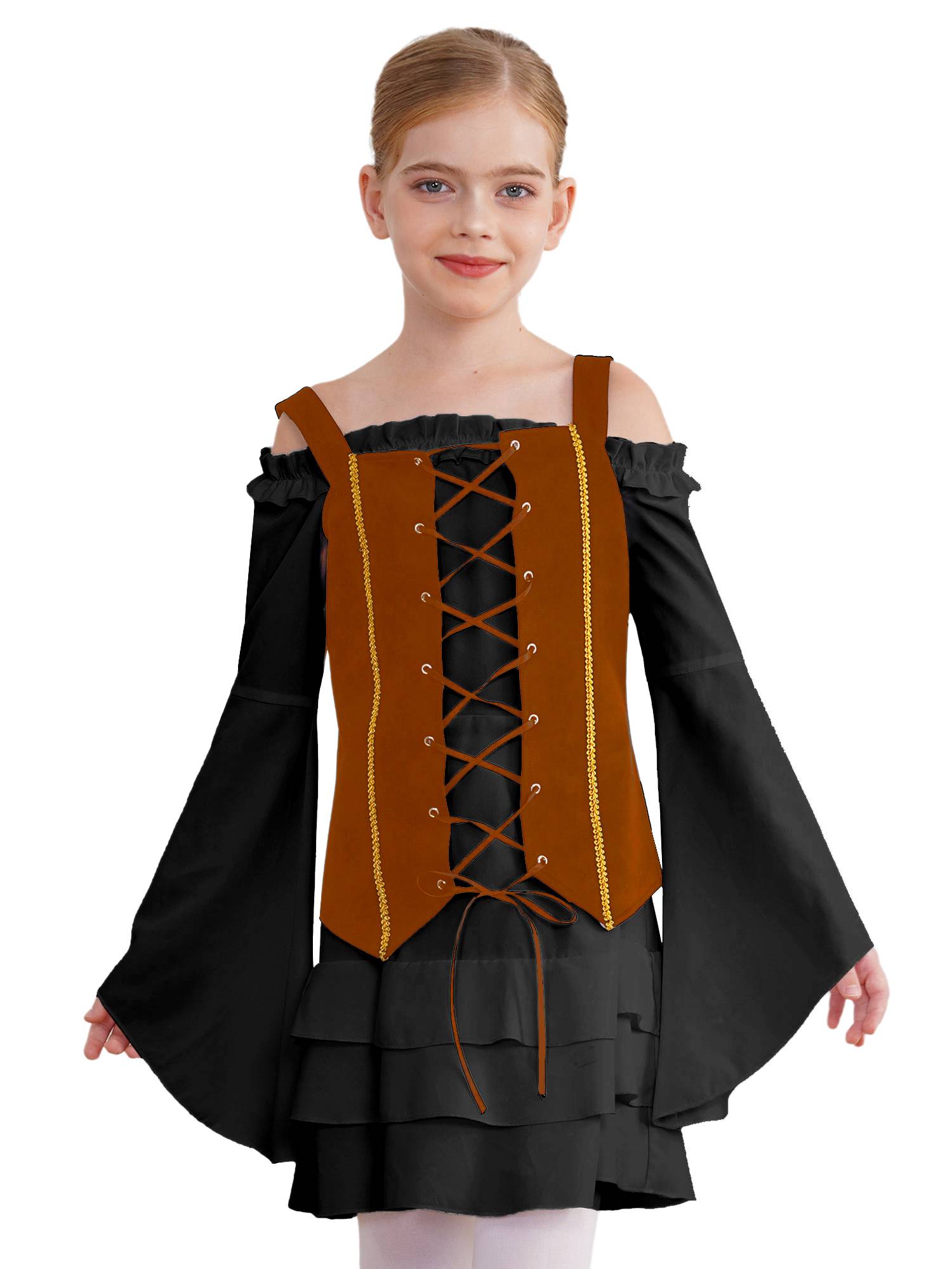 Girls 2pcs Long Sleeve Ruffle Dress and Suede Vest Halloween Pirate Costume Sets