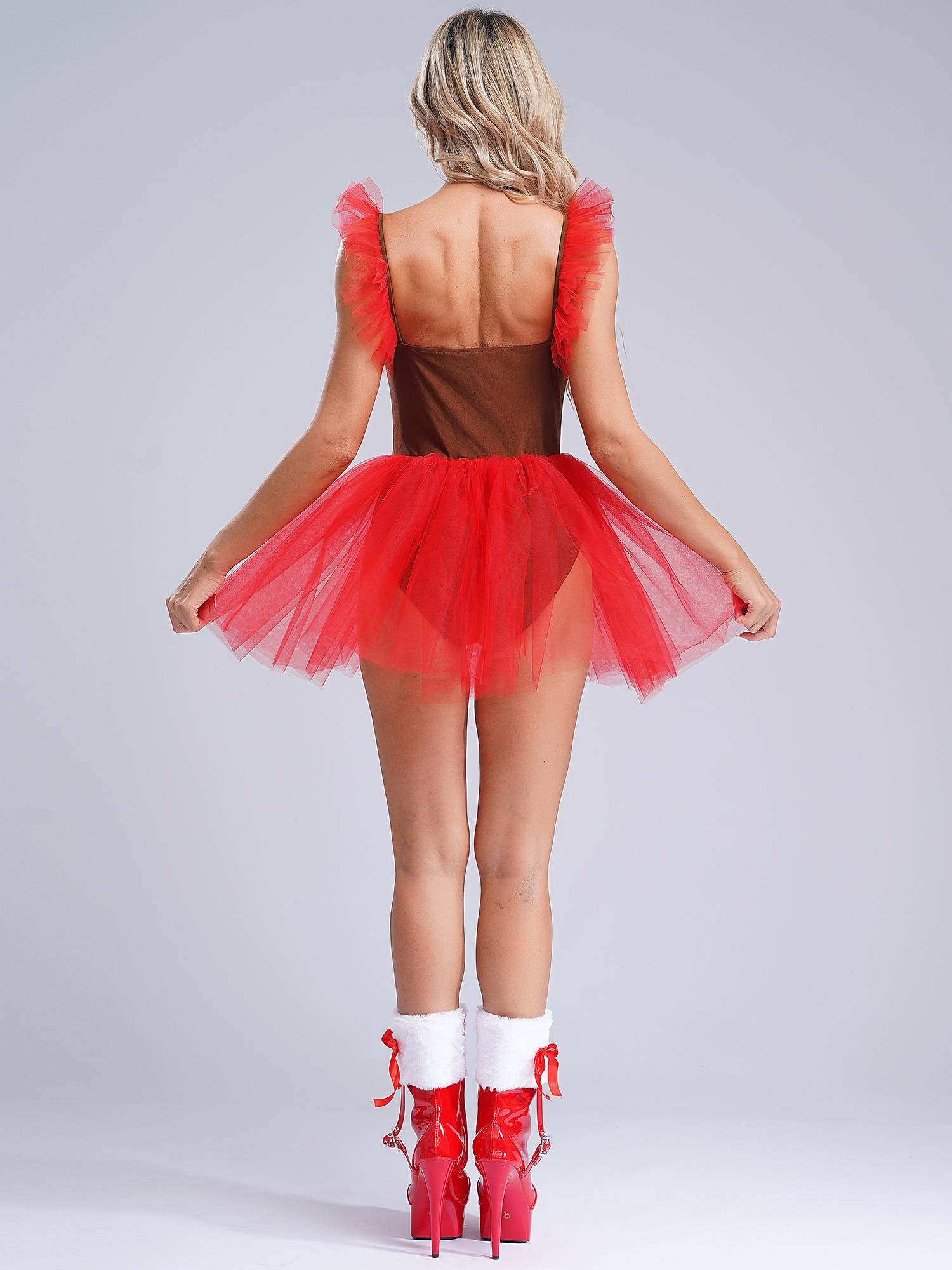 Women Christmas Gingerbread Flutter Sleeve Bowknot Striped Mesh Tutu Dress