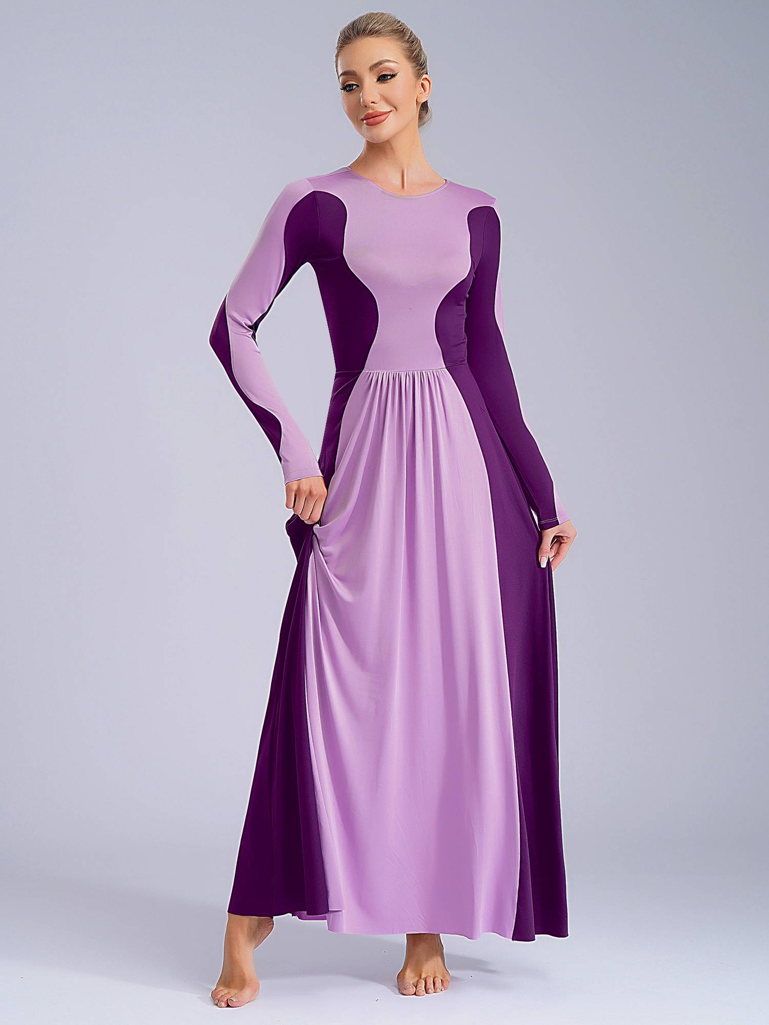 Women Long Sleeve Color Block Liturgical Worship Dance Dress