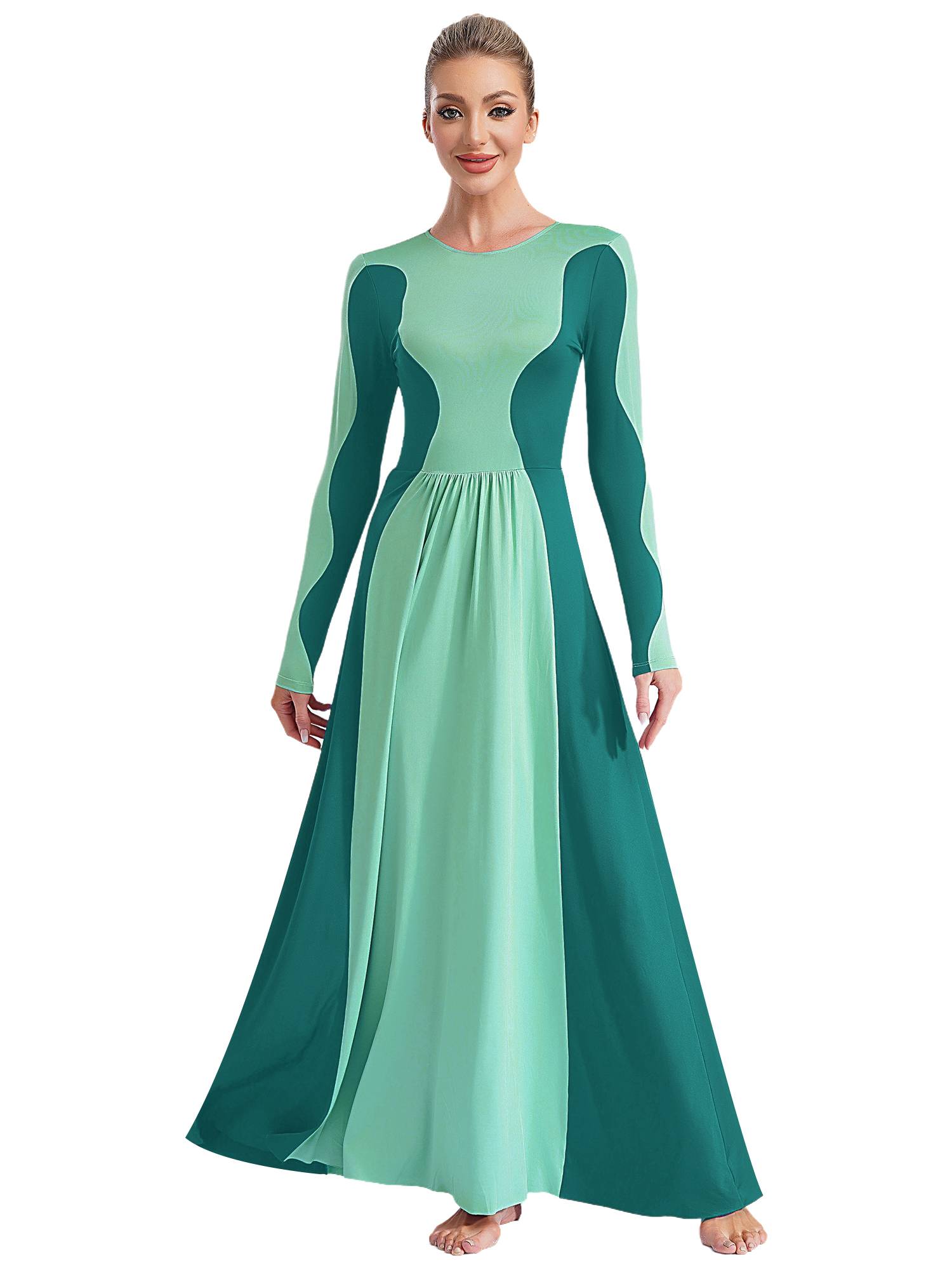 Women Long Sleeve Color Block Liturgical Worship Dance Dress