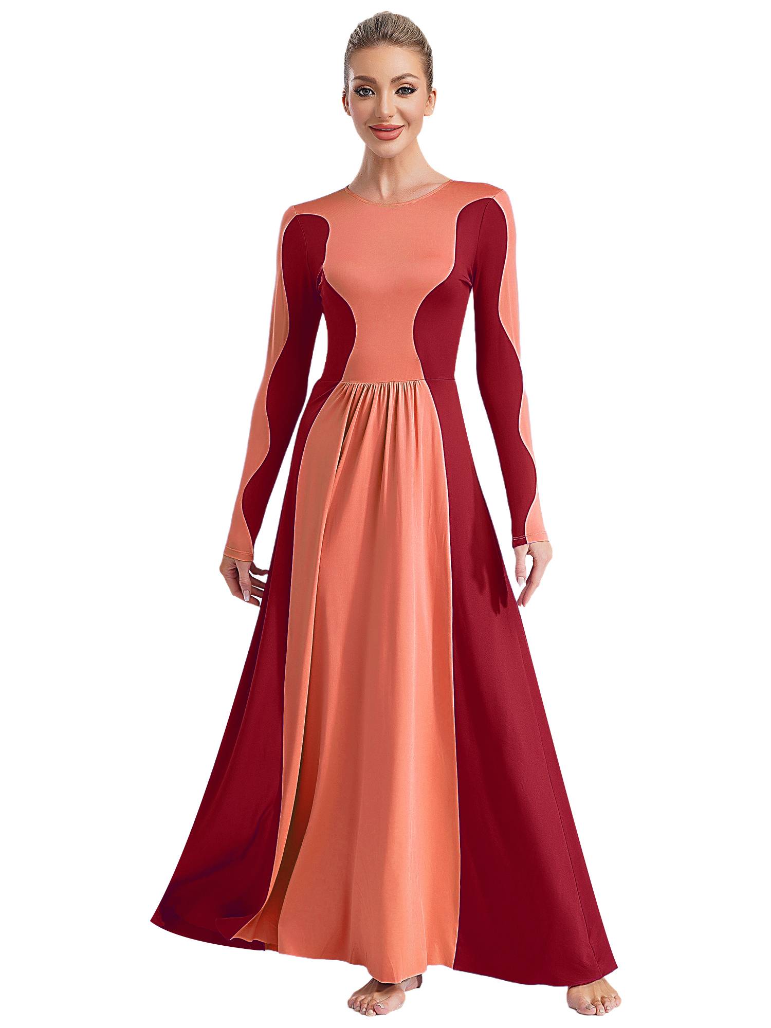 Women Long Sleeve Color Block Liturgical Worship Dance Dress