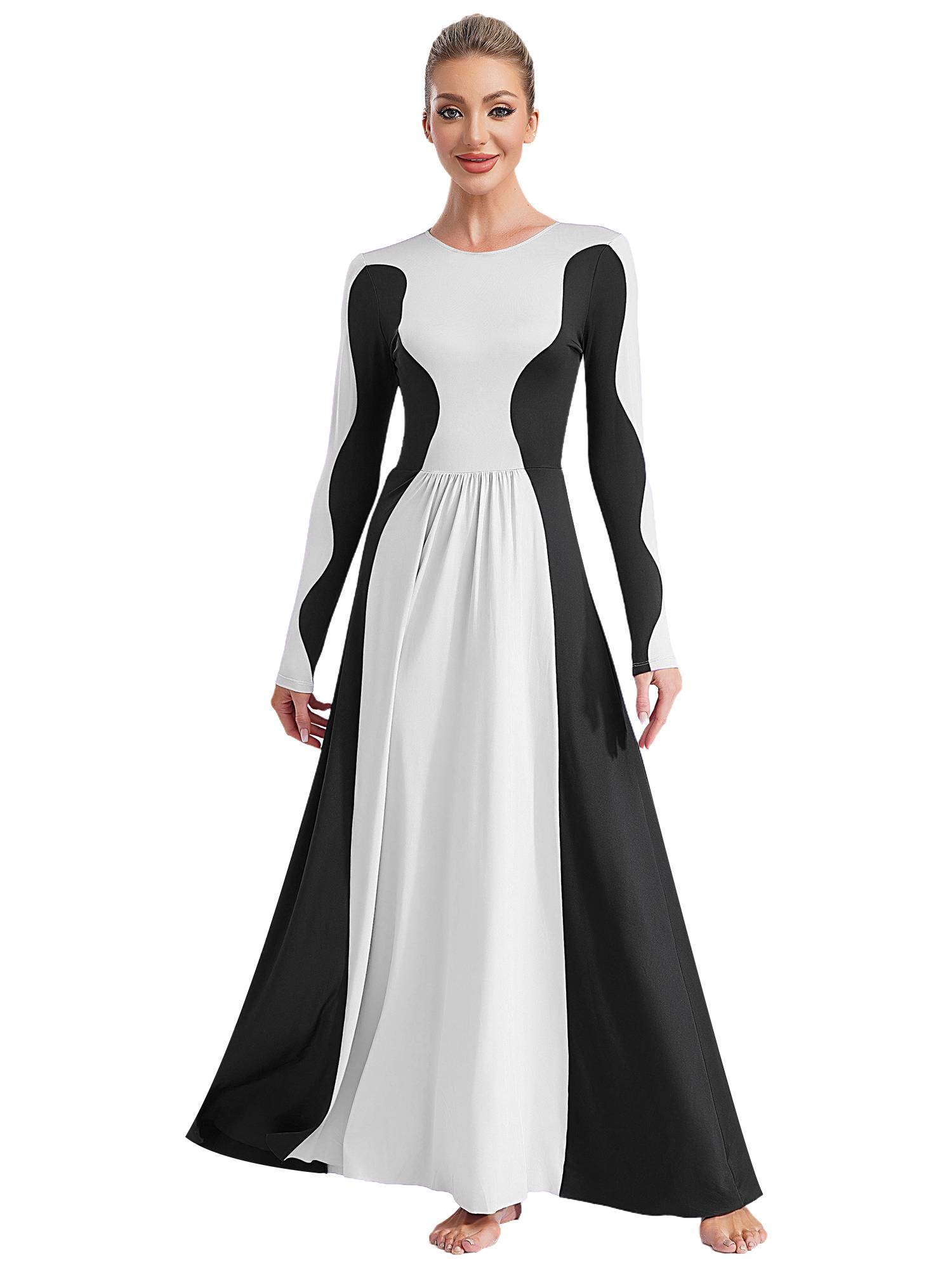 Women Long Sleeve Color Block Liturgical Worship Dance Dress