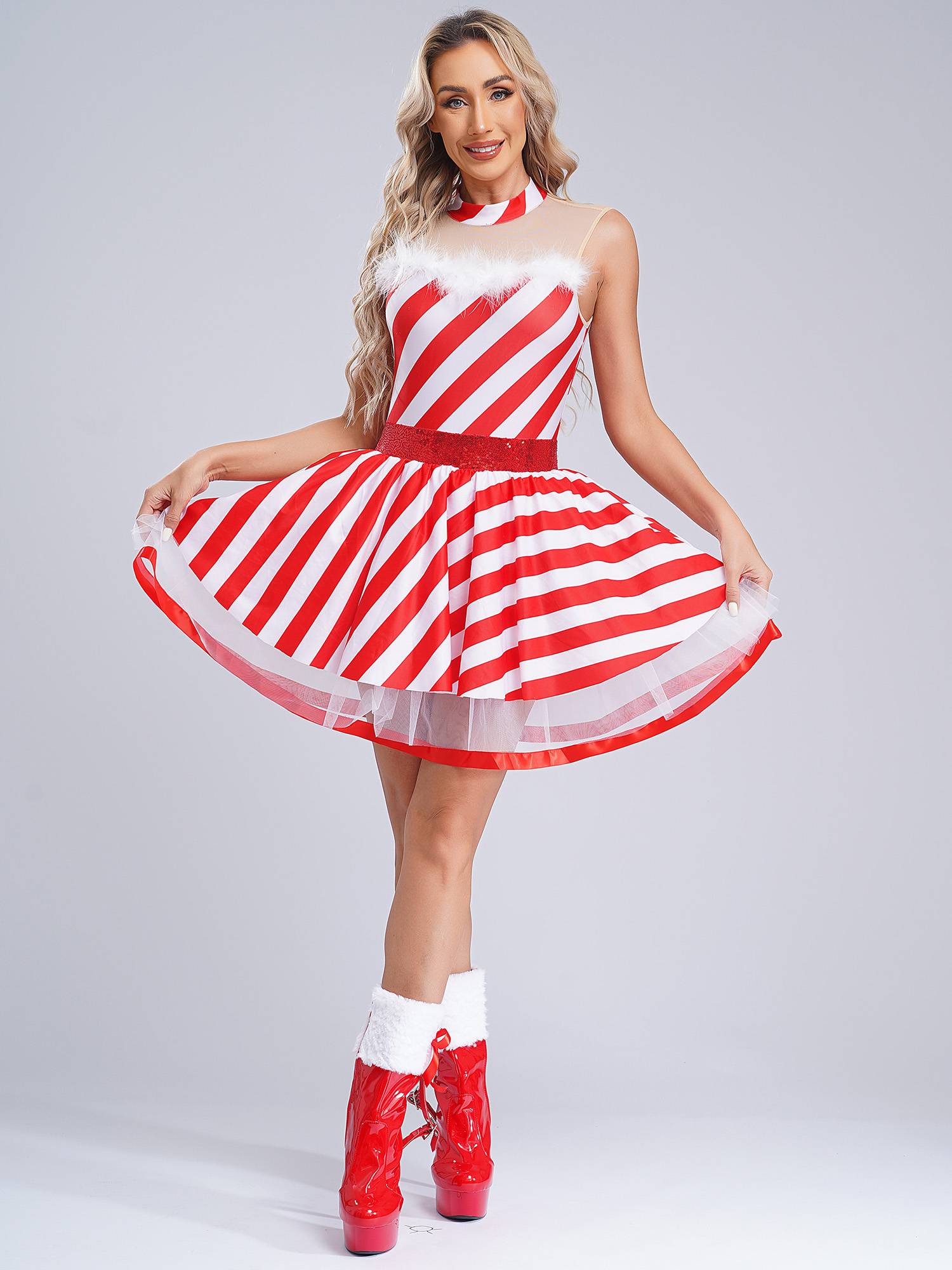 Women Christmas Candy Cane Costume Sleeveless Sequins Striped Tutu Dress