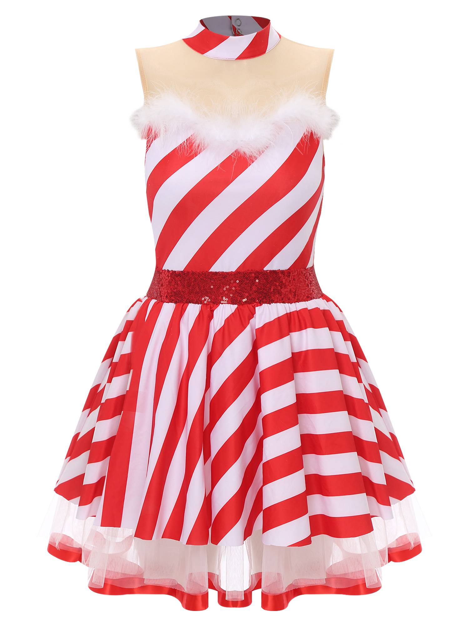 Women Christmas Candy Cane Costume Sleeveless Sequins Striped Tutu Dress