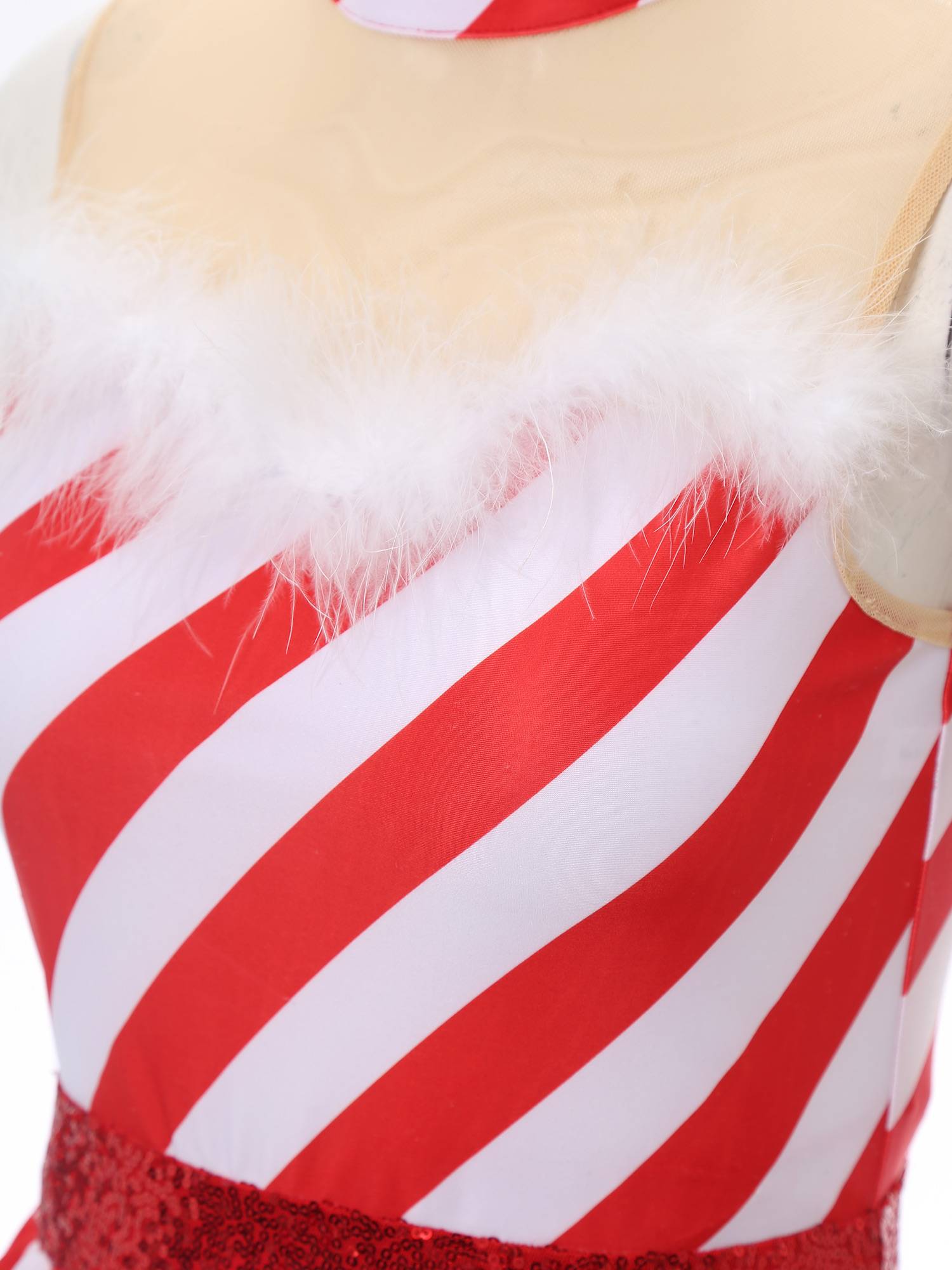 Women Christmas Candy Cane Costume Sleeveless Sequins Striped Tutu Dress
