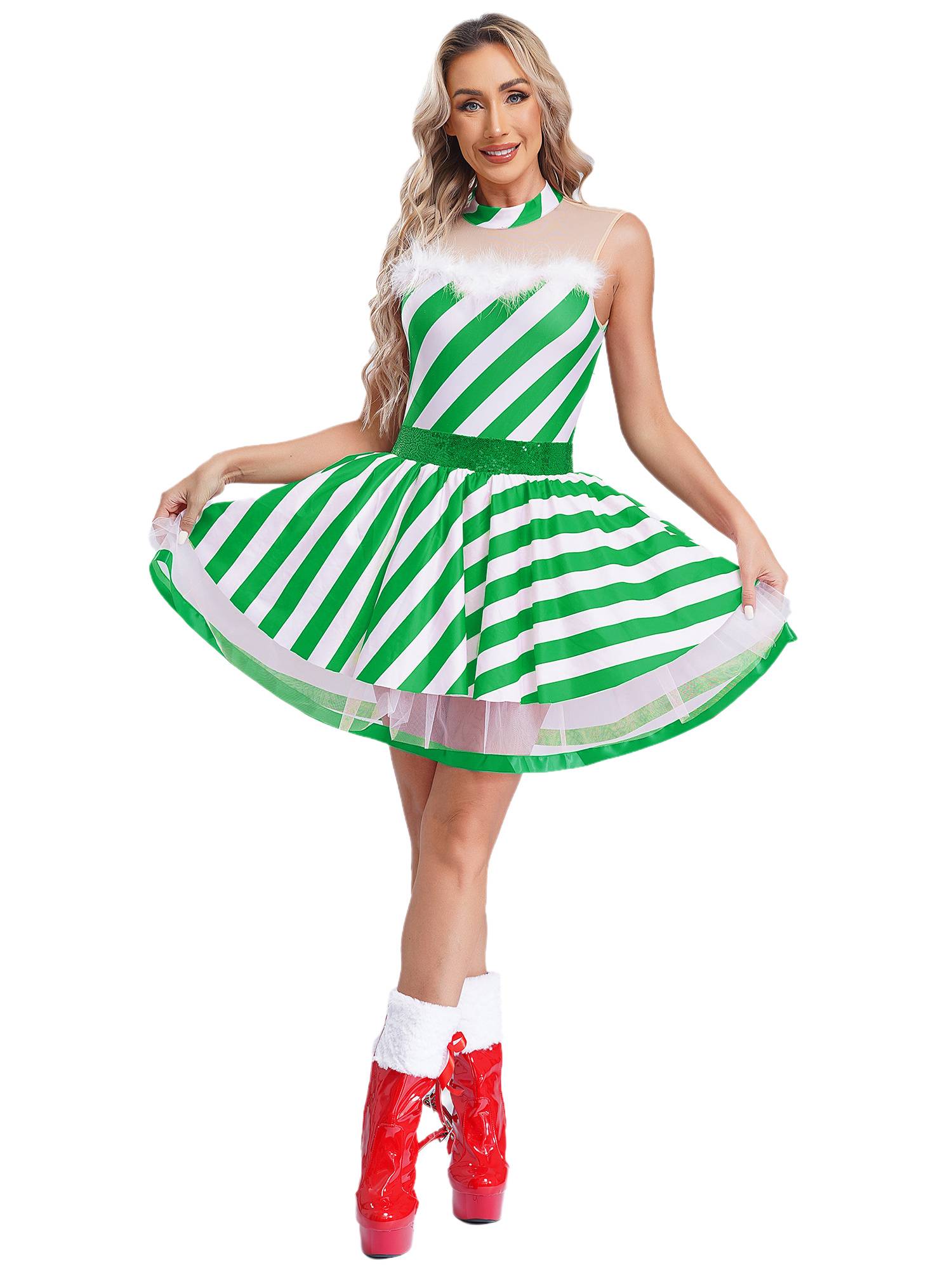 Women Christmas Candy Cane Costume Sleeveless Sequins Striped Tutu Dress