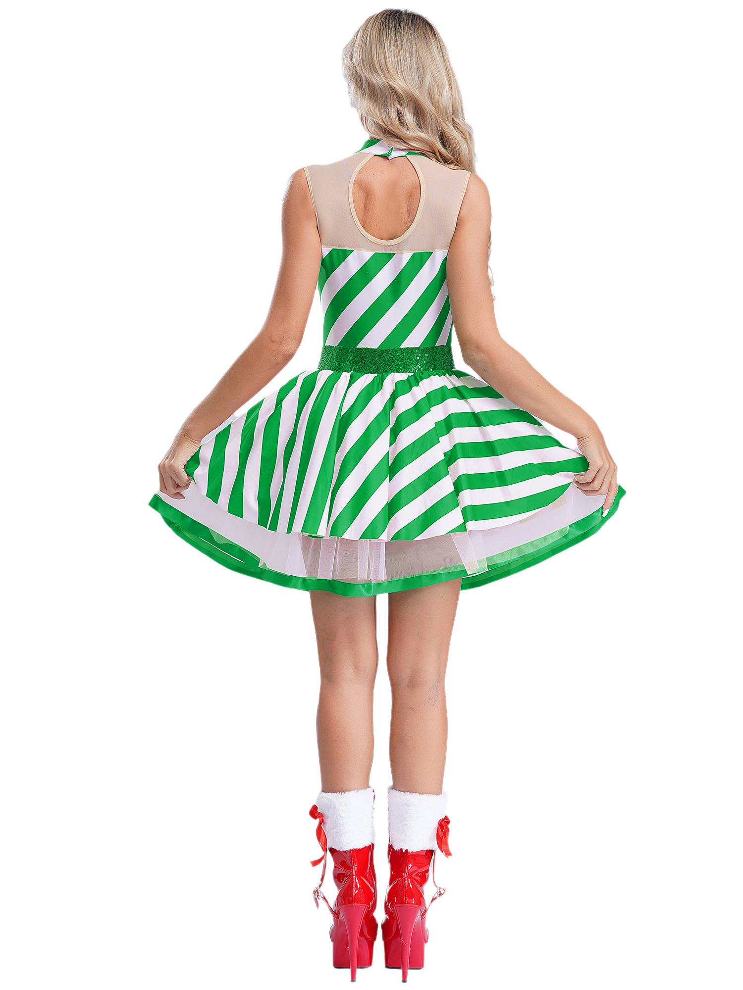 Women Christmas Candy Cane Costume Sleeveless Sequins Striped Tutu Dress