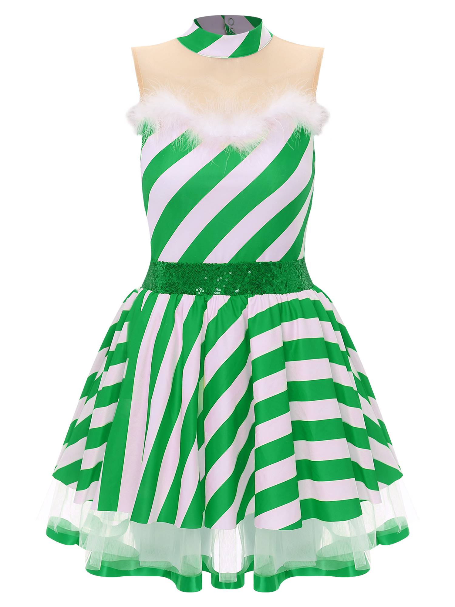 Women Christmas Candy Cane Costume Sleeveless Sequins Striped Tutu Dress