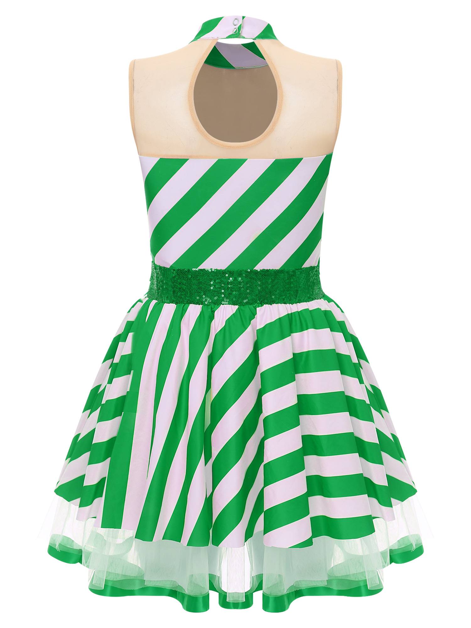 Women Christmas Candy Cane Costume Sleeveless Sequins Striped Tutu Dress