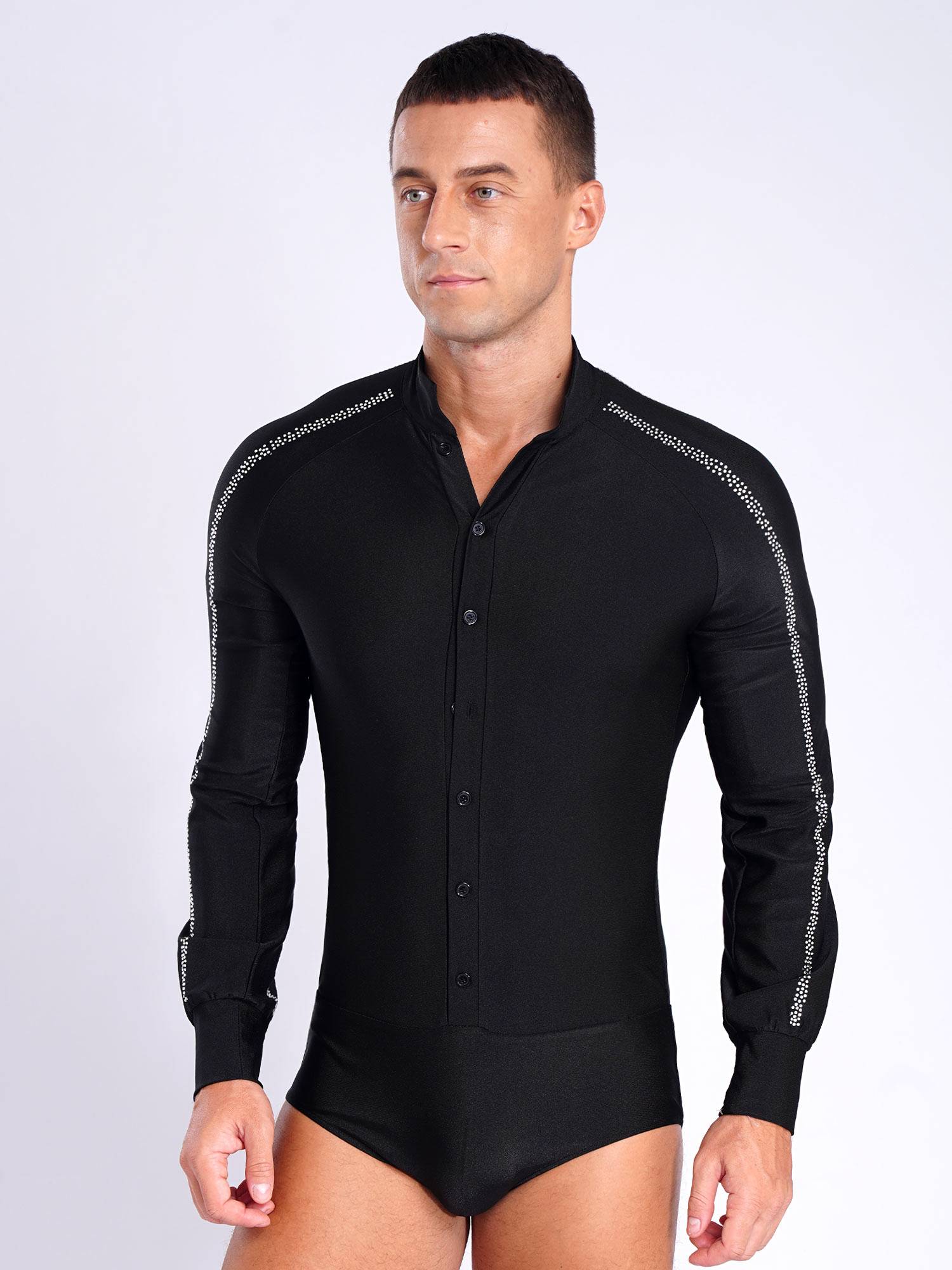 Men Long Sleeve Stand Collar Front Button Rhinestones Latin Dance Leotard