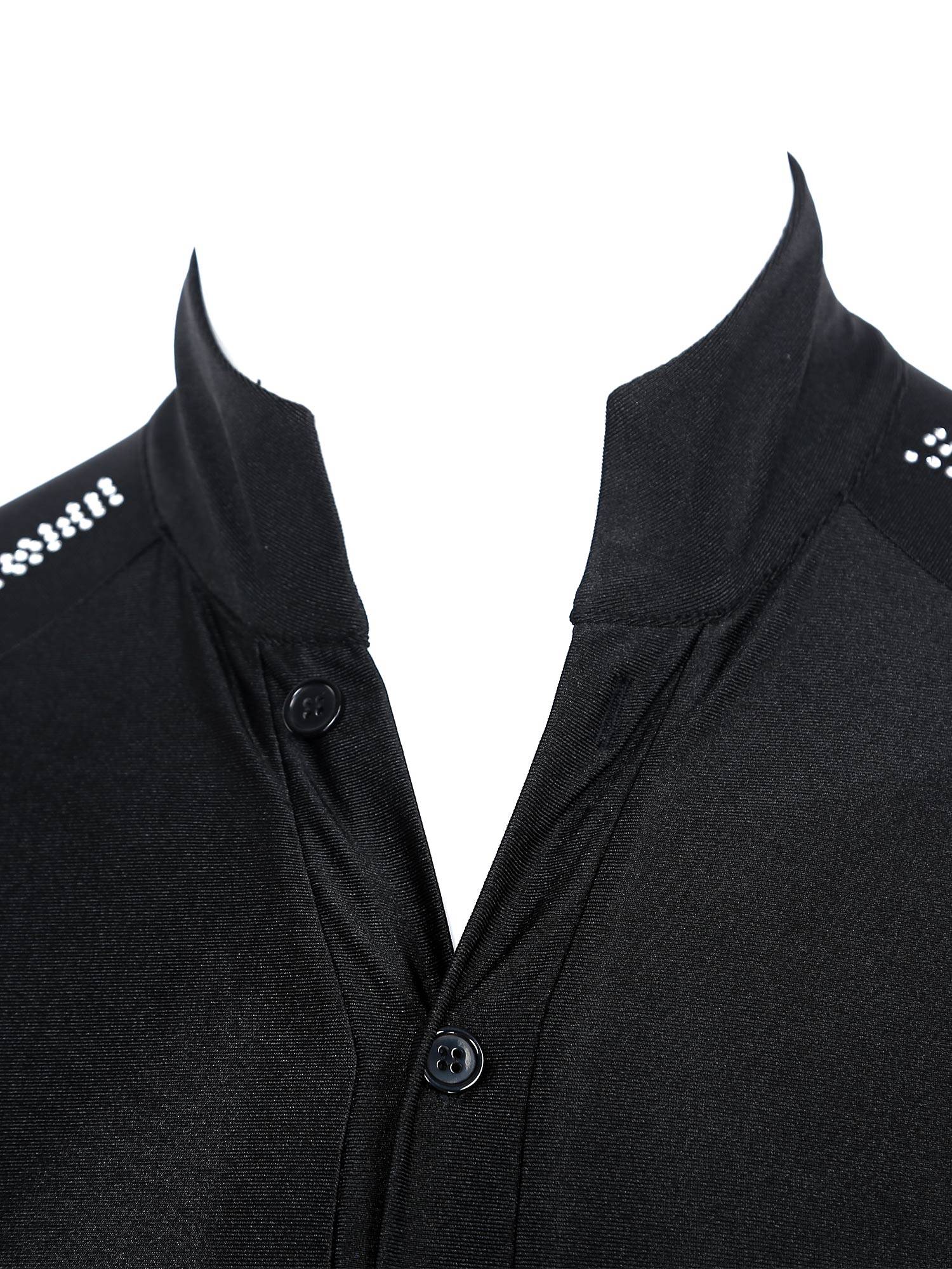 Men Long Sleeve Stand Collar Front Button Rhinestones Latin Dance Leotard