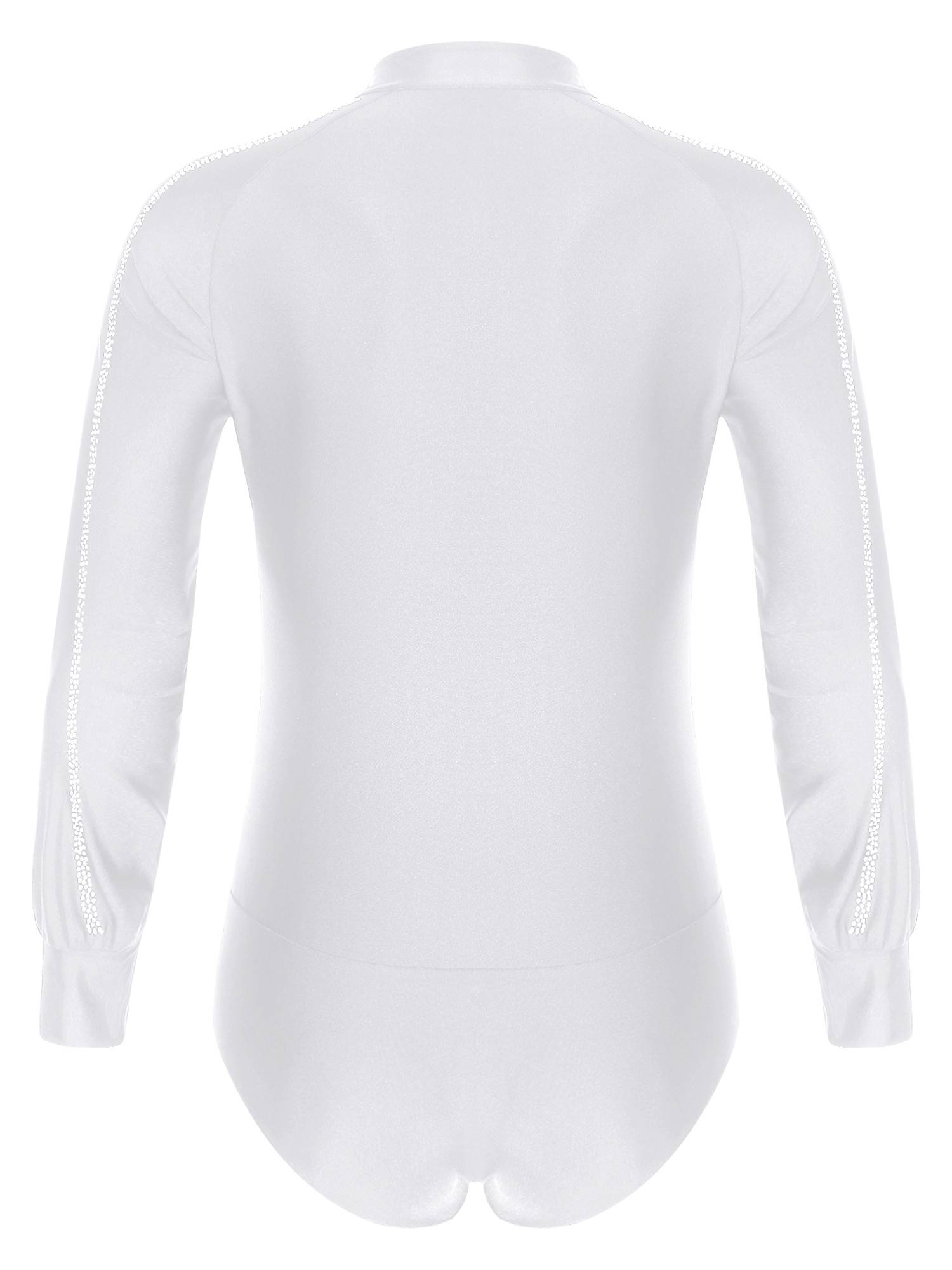 Men Long Sleeve Stand Collar Front Button Rhinestones Latin Dance Leotard