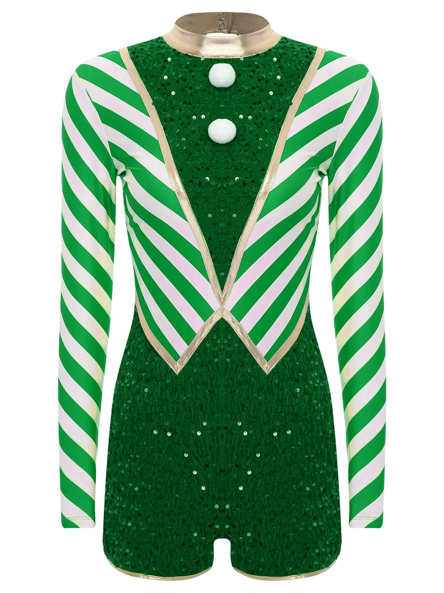 Women Long Sleeve Stripes Sequins Romper Christmas Candy Cane Costume