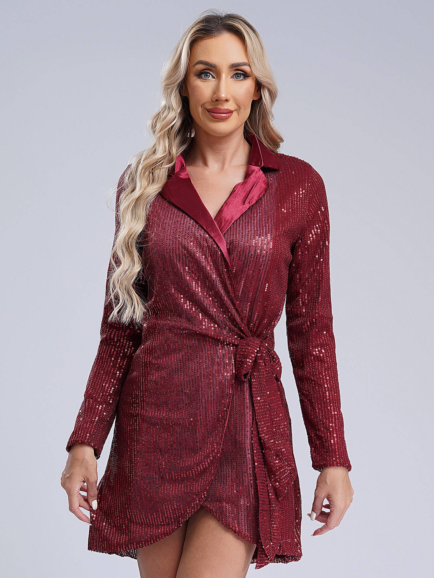 Women Long Sleeve V-neck Sequin Cocktail Dress