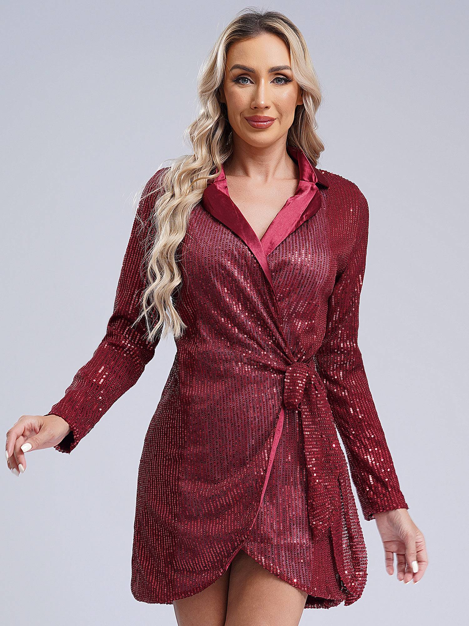 Women Long Sleeve V-neck Sequin Cocktail Dress