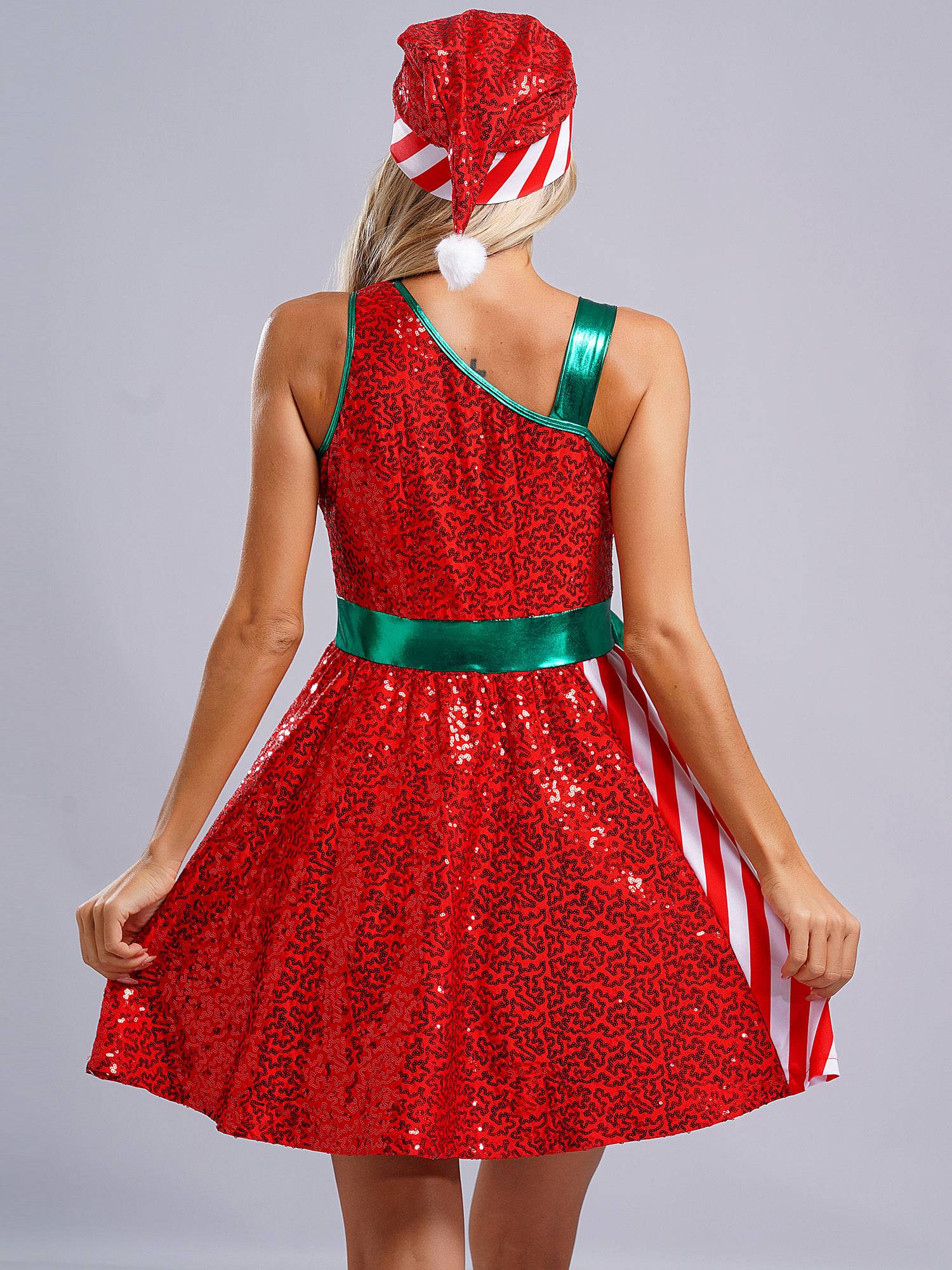 Women Christmas Sleeveless Sequins Stripes Dress with Hat Santa Claus Costume