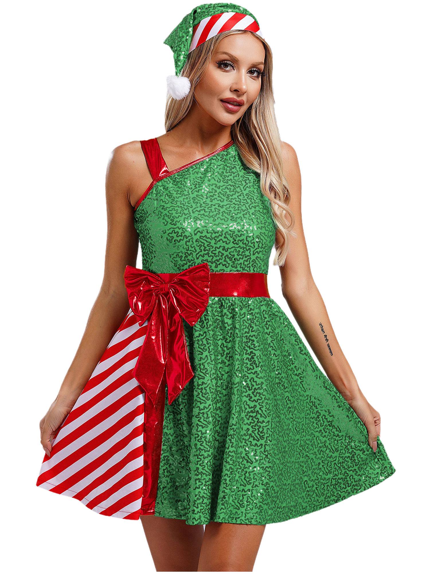 Women Christmas Sleeveless Sequins Stripes Dress with Hat Santa Claus Costume
