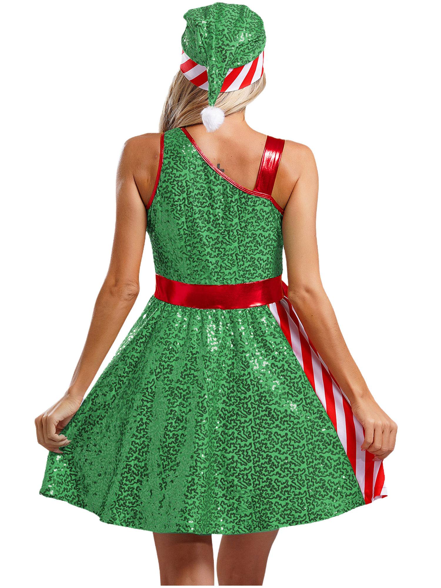 Women Christmas Sleeveless Sequins Stripes Dress with Hat Santa Claus Costume