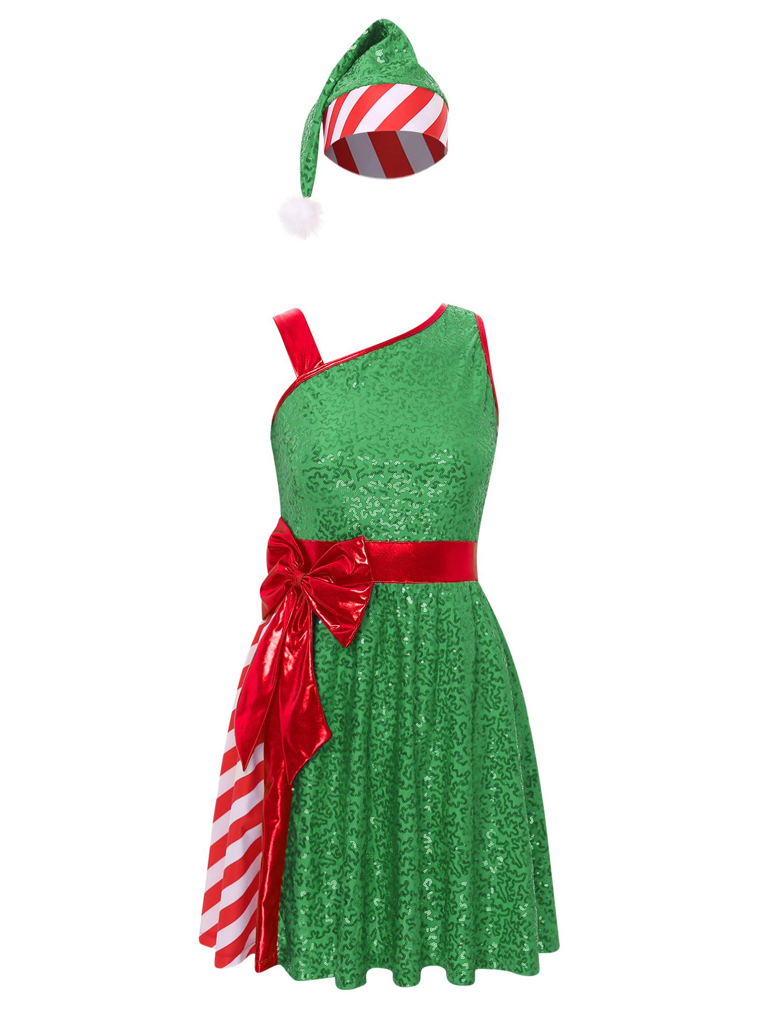 Women Christmas Sleeveless Sequins Stripes Dress with Hat Santa Claus Costume