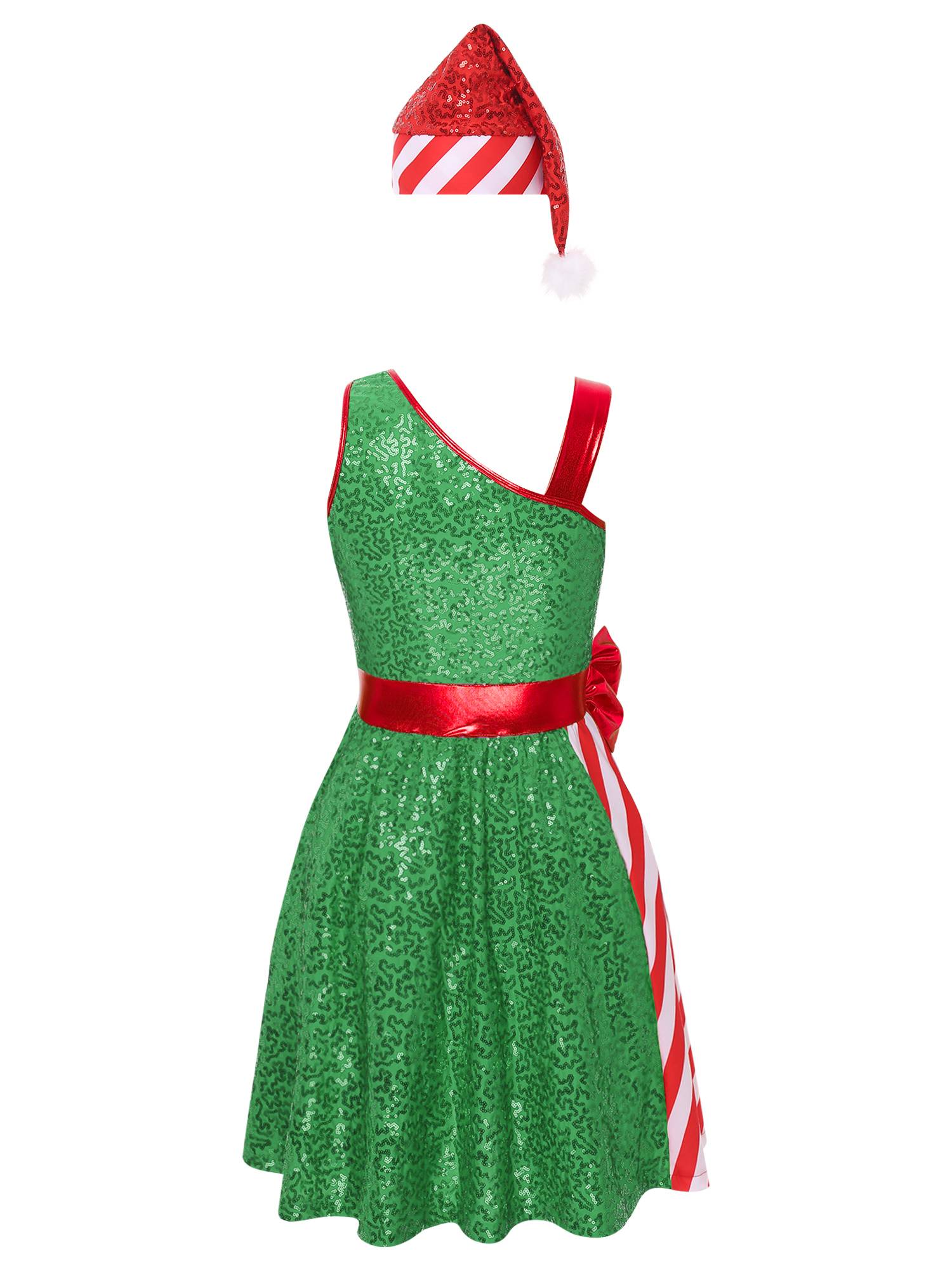Women Christmas Sleeveless Sequins Stripes Dress with Hat Santa Claus Costume