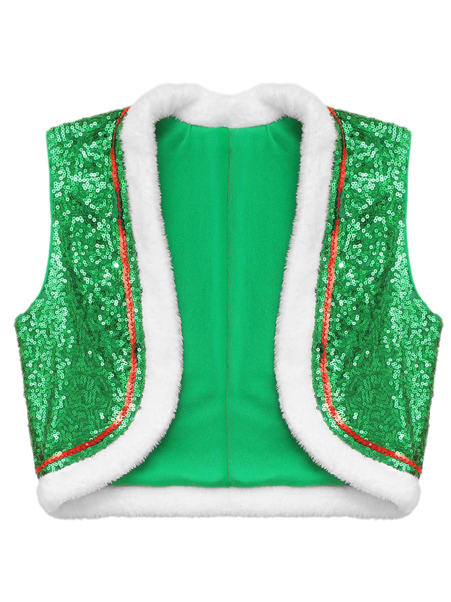 Kids Sequins Sleeveless Santa Elf Faux Fur Waistcoat