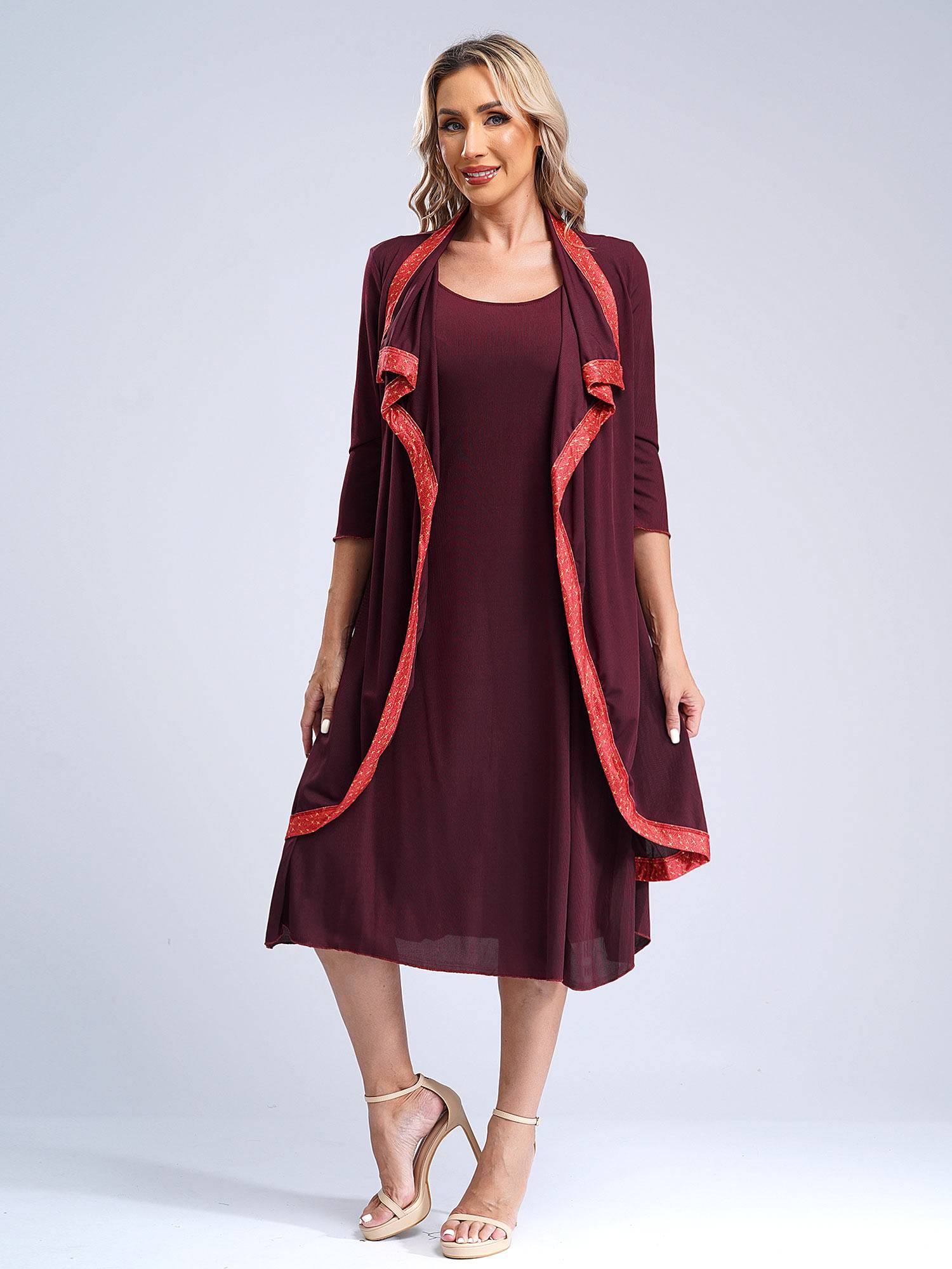 Women 2-in-1 Retro Long Sleeve Ruffled Neckline Loose Dress for Wedding Guest
