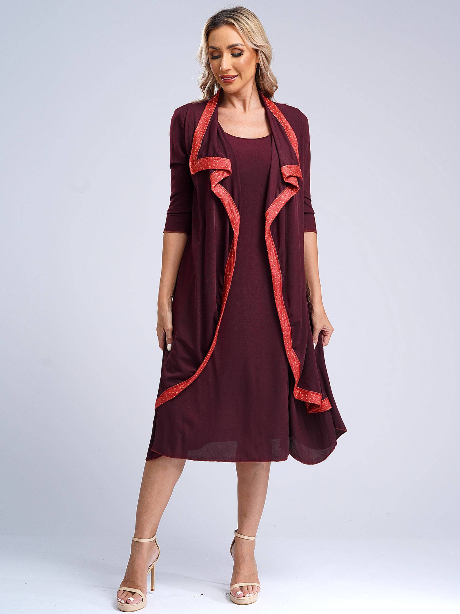 Women 2-in-1 Retro Long Sleeve Ruffled Neckline Loose Dress for Wedding Guest