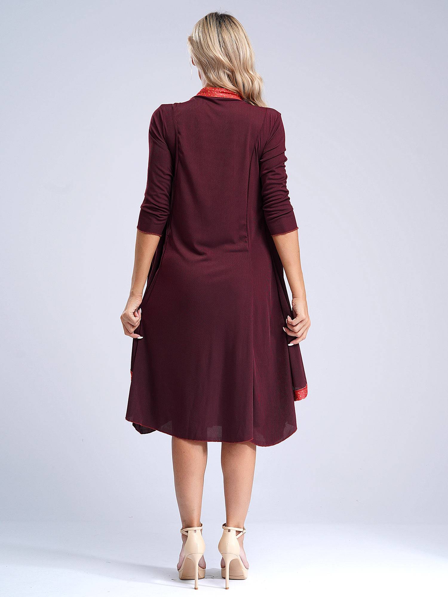 Women 2-in-1 Retro Long Sleeve Ruffled Neckline Loose Dress for Wedding Guest