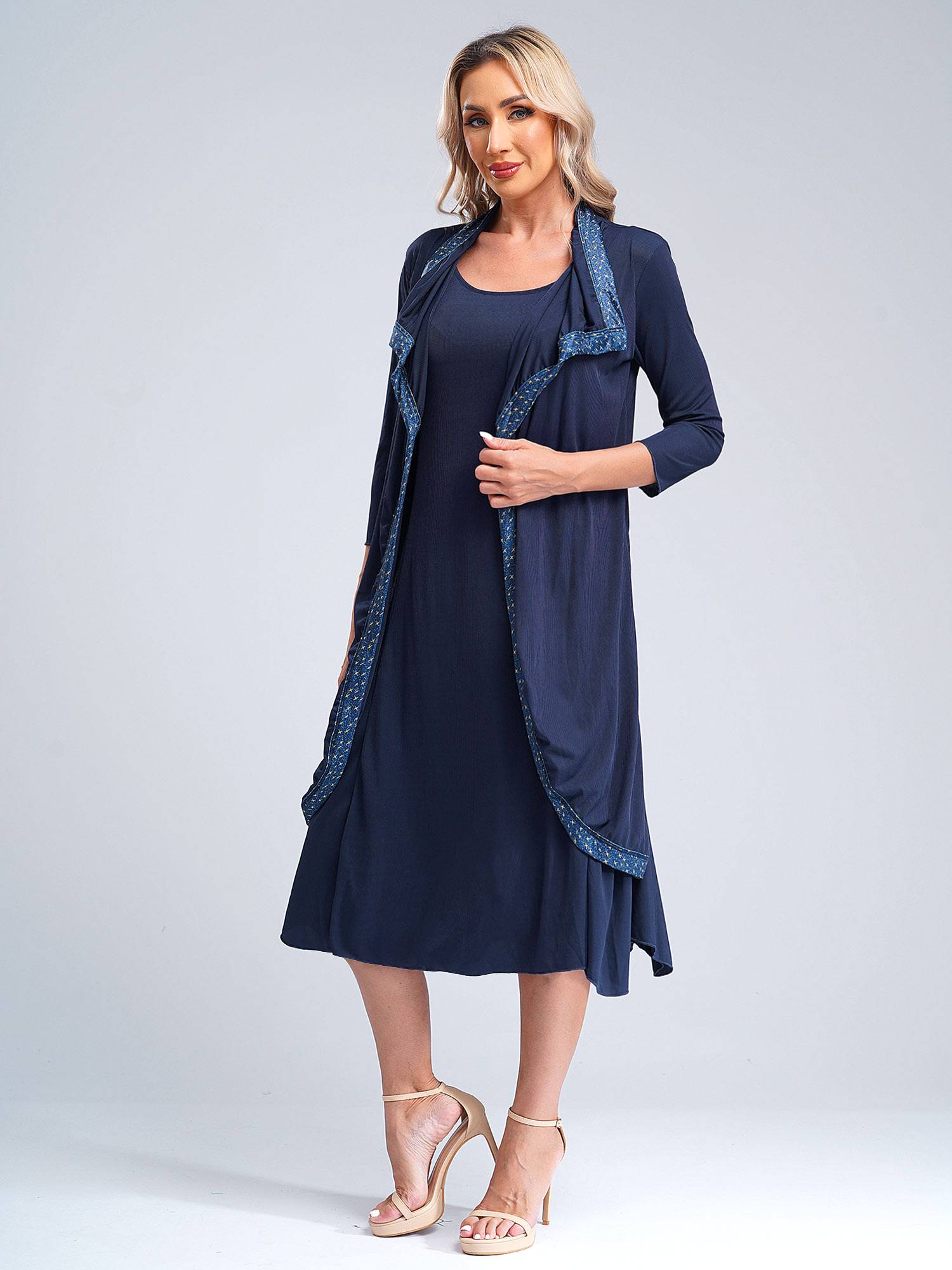 Women 2-in-1 Retro Long Sleeve Ruffled Neckline Loose Dress for Wedding Guest